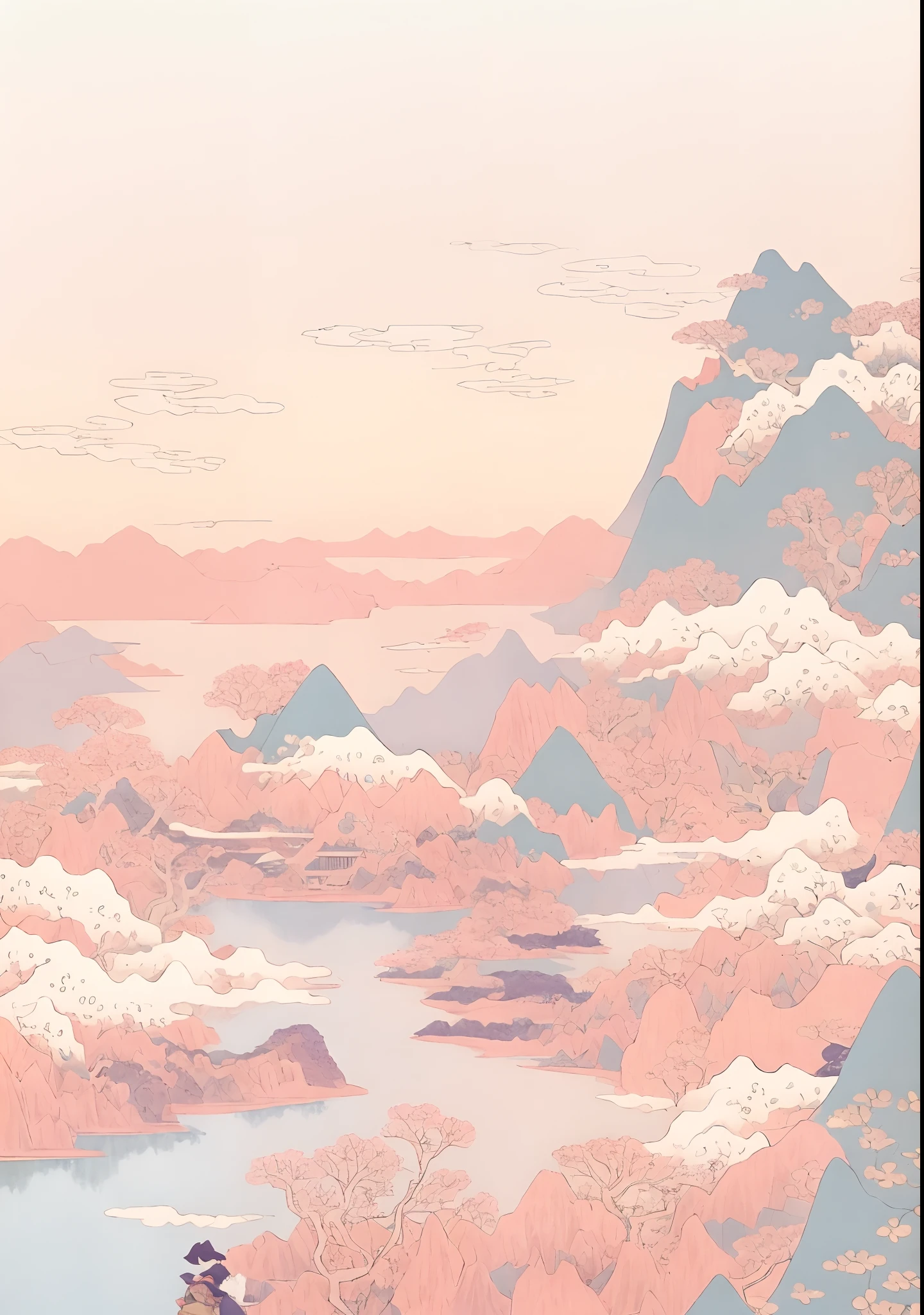 There is a painting of a mountain,There is a lake in the middle, floating lands in-clouds, in the art style of ukiyo - e, Anime landscape, inspired by Yoshio Markino, dreamlike illustration, inspired by Tosa Mitsuoki, mythical floral hills, a surreal dream landscape, katsushika hokusai style, pink landscape, dreamy psychedelic anime