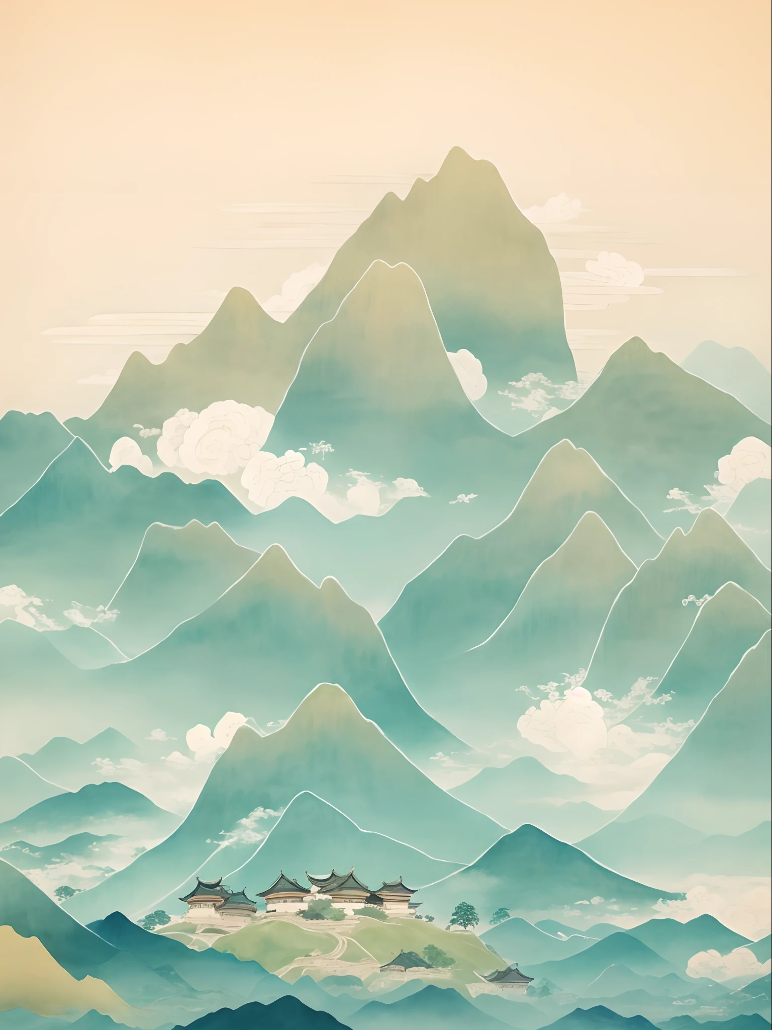 There is a painting of a mountain，There is a house in the middle, detailed scenery —width 672, Chinese painting style, Inspired by Yoshida Hanbei, floating lands in-clouds, Chinese watercolor style, inspired by Shūbun Tenshō, Floating mountains, oriental wallpaper, mountainous background, inspired by Kanō Motonobu