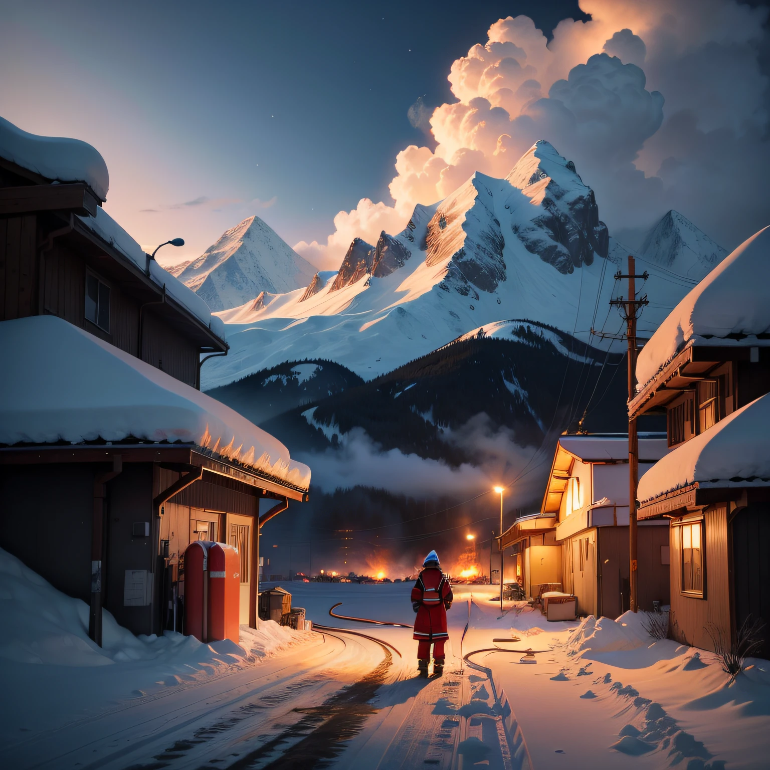 In the middle of the night，Surrounded by snow-capped mountains，A supply station caught fire，anime