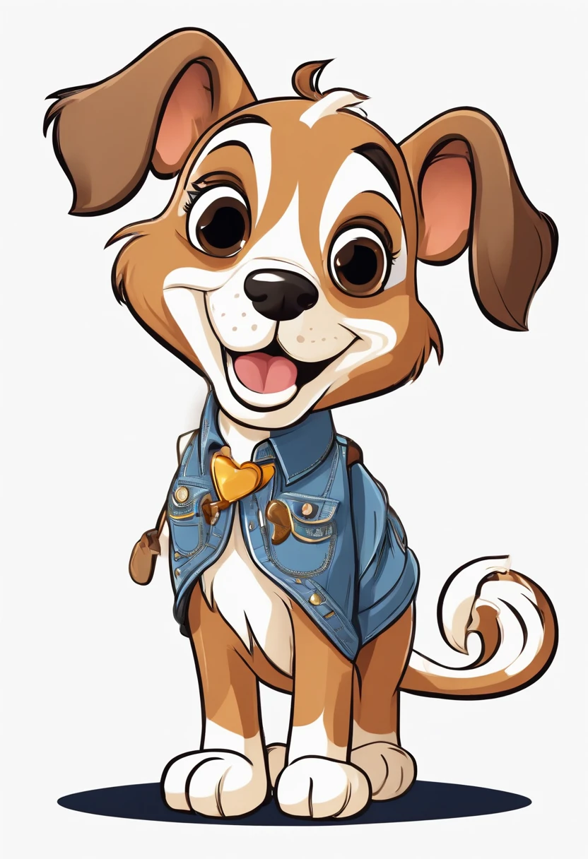 (((Cartoon Character 1.3))),(((Being standing up))),(((A cute super cute puppy with a bone in his mouth:1.4))),Wears a spotted vest on the top,Denim shorts on the bottom,Naughty expression,HD Real,Black eyes,Flying figure,HD picture,1/3. Leave blank,Sony SLR lens,Shoot at medium distance,Soft lighting,tmasterpiece