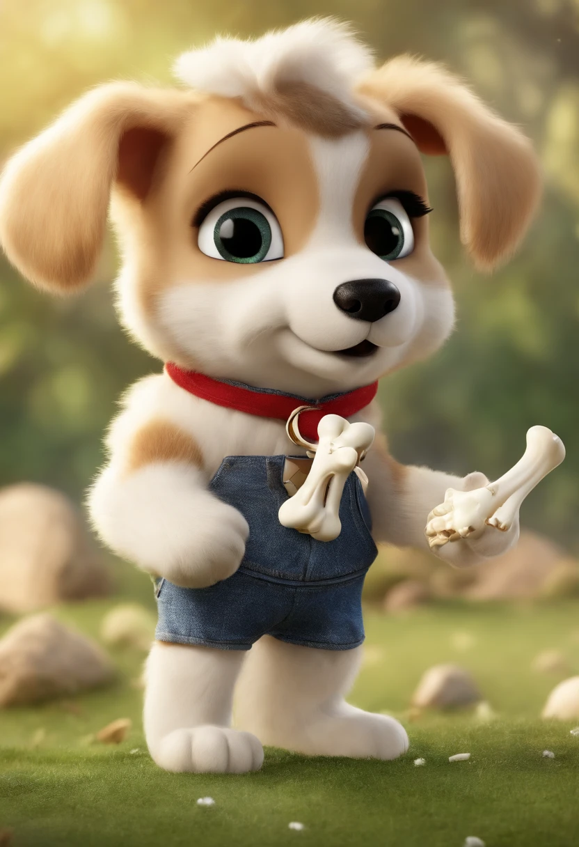 (((Cartoon Character 1.3))),(((Being standing up))),(((A cute super cute puppy with a bone in his mouth:1.4))),Wears a spotted vest on the top,Denim shorts on the bottom,Naughty expression,HD Real,Black eyes,Flying figure,HD picture,1/3. Leave blank,Sony SLR lens,Shoot at medium distance,Soft lighting,tmasterpiece