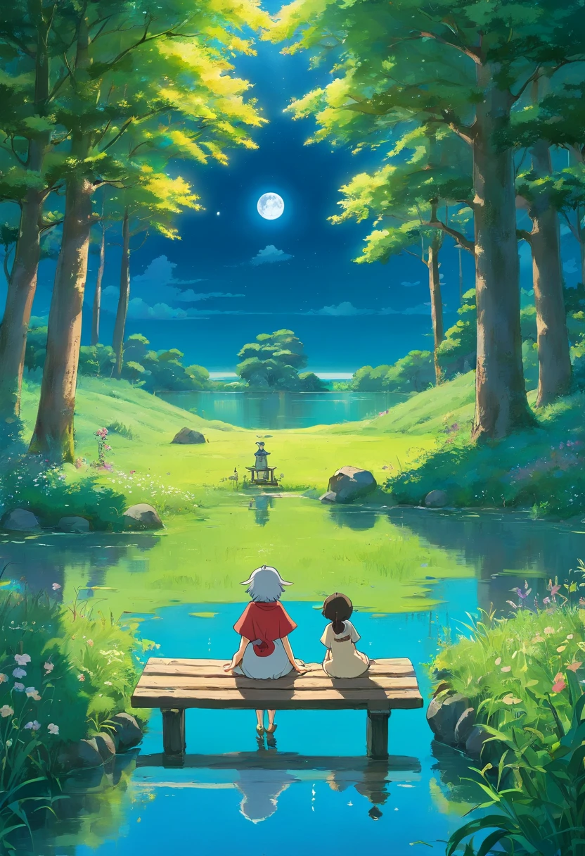 There is a bench in the grass near a lake and a giant tree, cattle grazing near trees, The Moon reflects on the water, lua cheia no fundo, lua cheia no fundo, lua grande no fundo, lua grande no fundo!, (lua no fundo), Moon reflecting in water, lua no fundo, lua perfeita e afiada,  lua no fundo