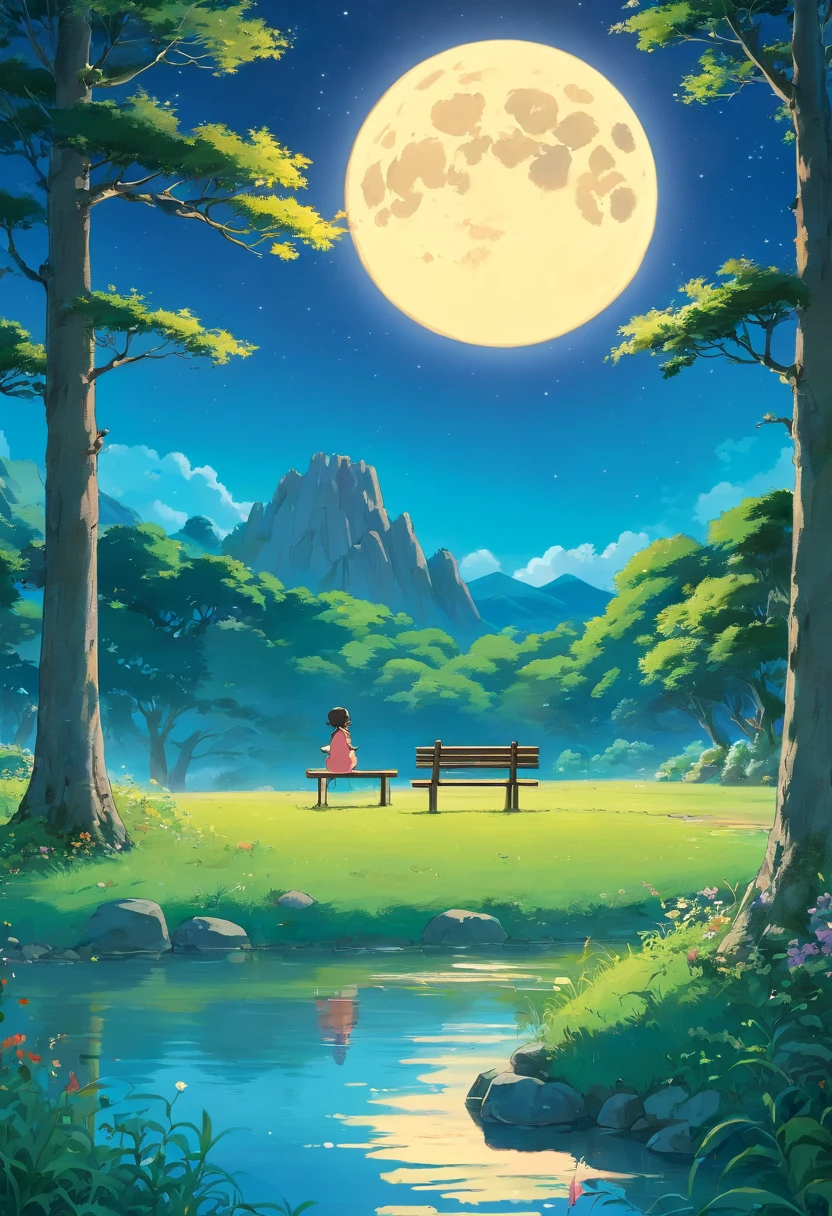 There is a bench in the grass near a lake and a giant tree, cattle grazing near trees, The Moon reflects on the water, lua cheia no fundo, lua cheia no fundo, lua grande no fundo, lua grande no fundo!, (lua no fundo), Moon reflecting in water, lua no fundo, lua perfeita e afiada, lua no fundo