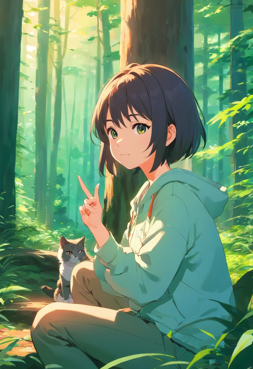 at a forest,A cat with a middle finger,There was also a girl next to her