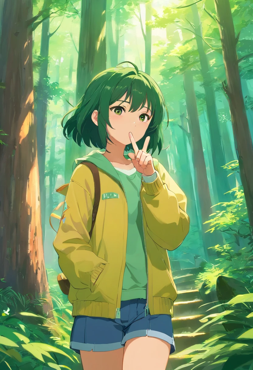 at a forest，A cat with a middle finger，There was also a girl next to her