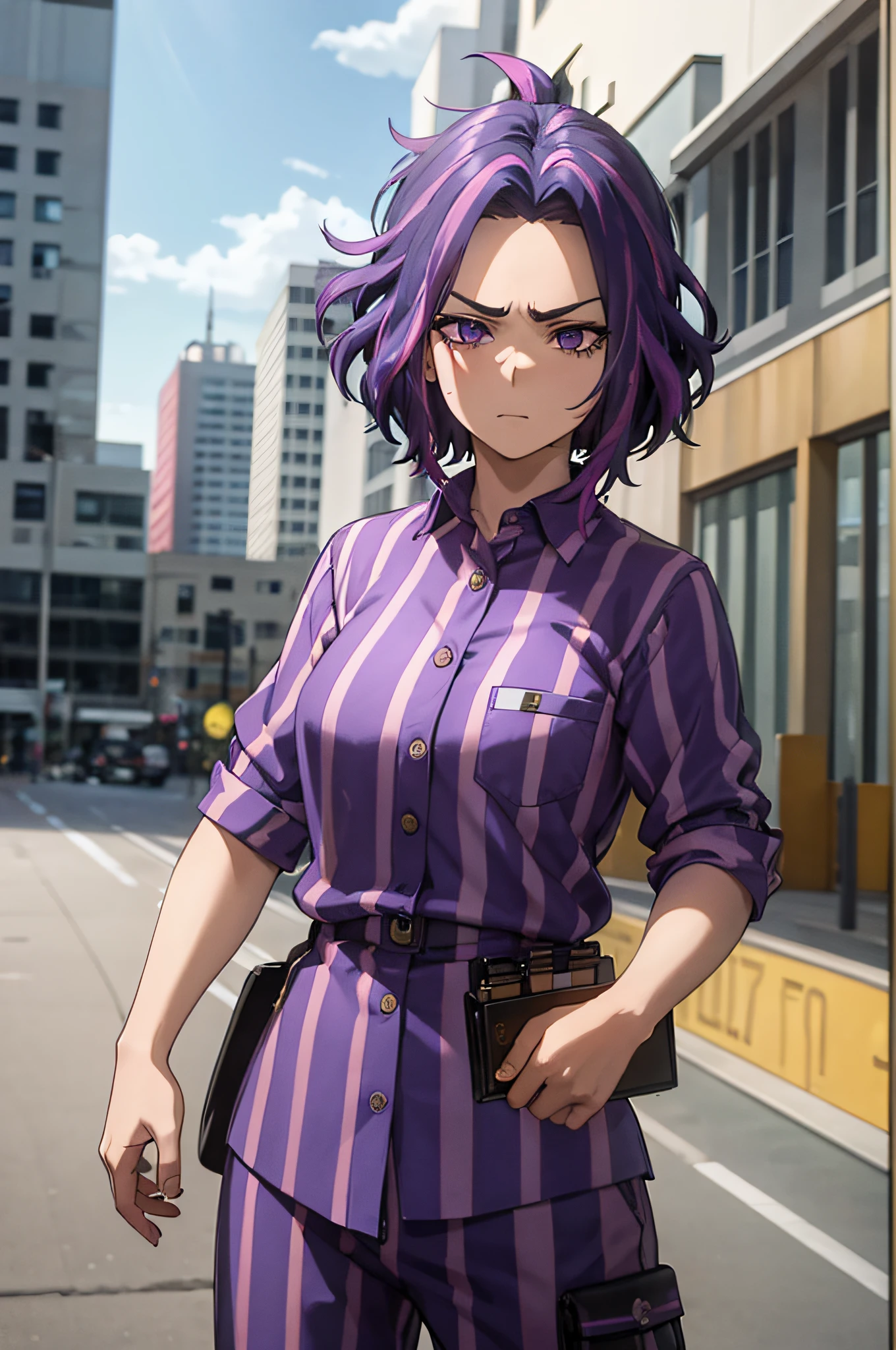 1girl, short hair, purple hair, multicolored hair, purple eyes,Highly detailed, High Quality, Masterpiece, beautiful,, priclothes, striped clothes, mugshot, height chart, holding sign, prison clothes, striped shirt, cowboy shot, angry