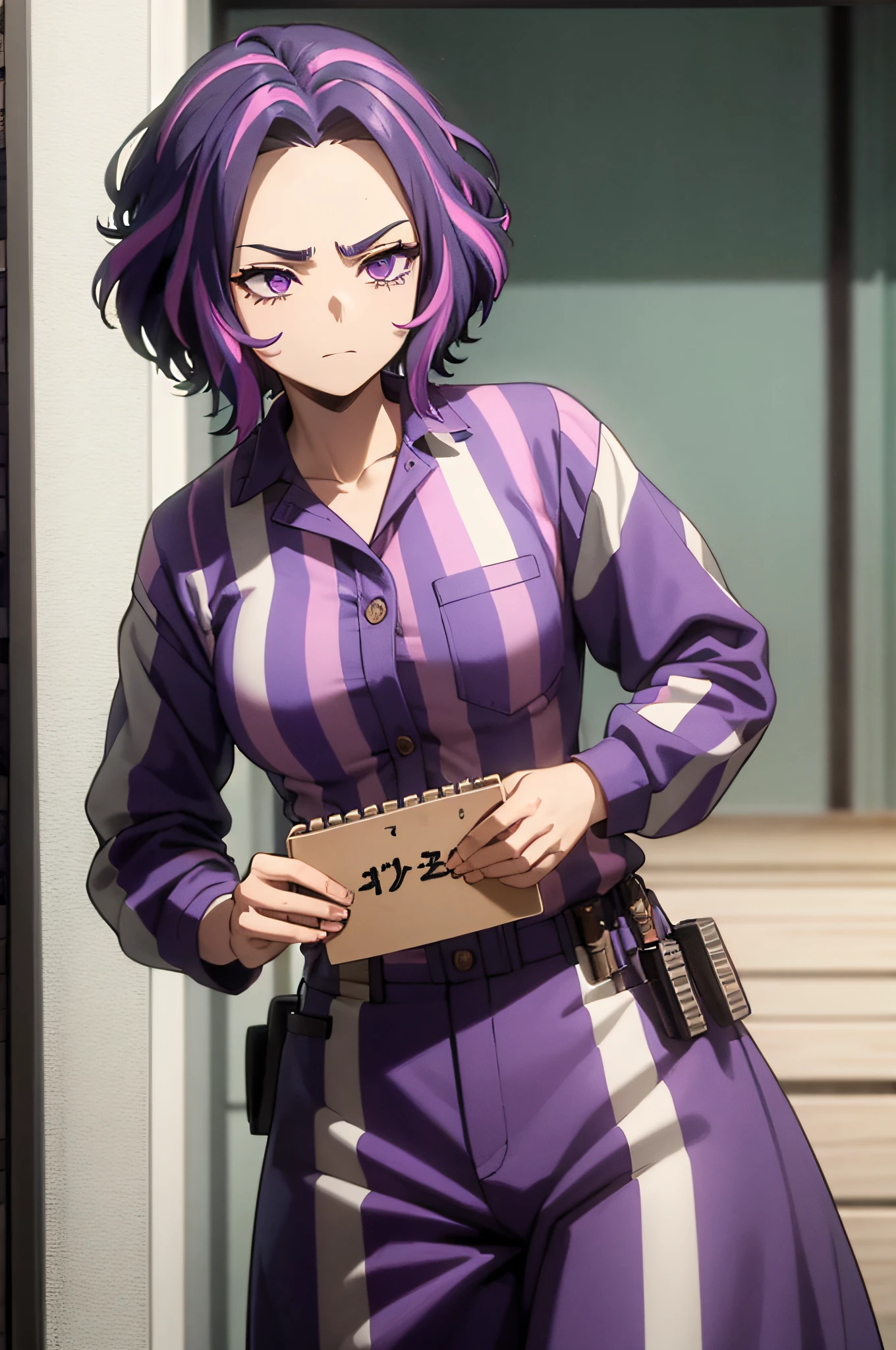 1girl, short hair, purple hair, multicolored hair, purple eyes,Highly detailed, High Quality, Masterpiece, beautiful,, priclothes, striped clothes, mugshot, height chart, holding sign, prison clothes, striped shirt, cowboy shot, angry