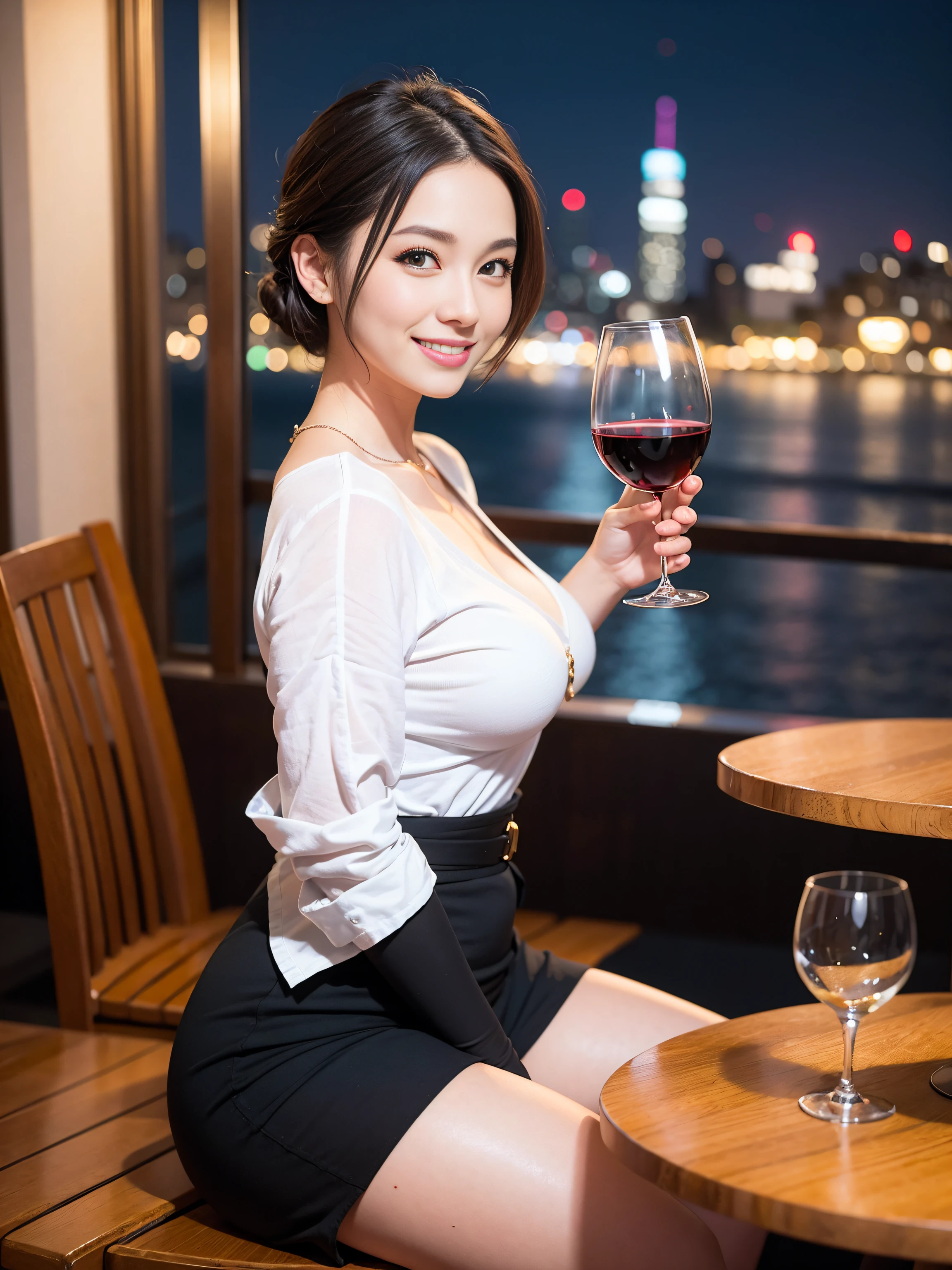 (64K, UHD, top quality, masterpiece: 1.2), (realistic, photorealistic: 1.37), super detailed, pretty woman 1 person, (slim face), (slim body), (brown hair), (short cut), cheeks slightly blushing, (35 years old), 38 years old, solo, beautiful detailed urban night view outside the window, restaurant, wine glasses sit, at night, in a prominent place (from the waist up) NovaFrogStyle, Actress, Model, Waist Up, White Wine, Slim, Wine Glass, Super Clean Night View, Wine Glass Put in the Middle, Happy Smile, (Smile: 1.15), Beautiful Fine Eyes, Upper Body, Bust Japan Up, Night, Short, Short, Actress, Model, Waist Up, White Wine, Slim, Wine Glass, Super Clean Night View, Wine Glass Put in the Middle, Happy Smile,
