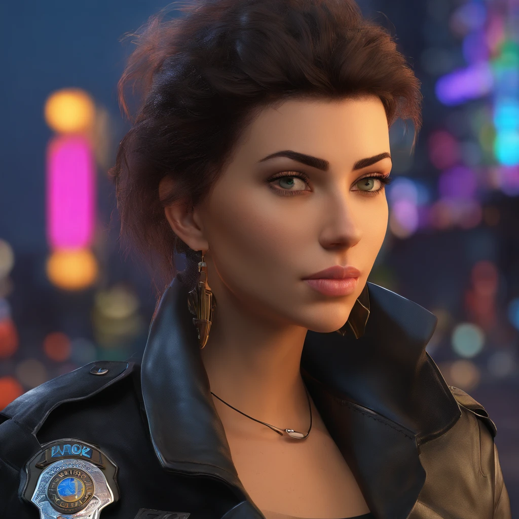 Retrato de natlp como um modelo feminino bonito, Georgia Fowler, beautiful face, com cabelos castanhos escuros curtos, in cyberpunk city at night. She is wearing a leather jacket, black jeans, dramatic lighting, (police badge:1.2)