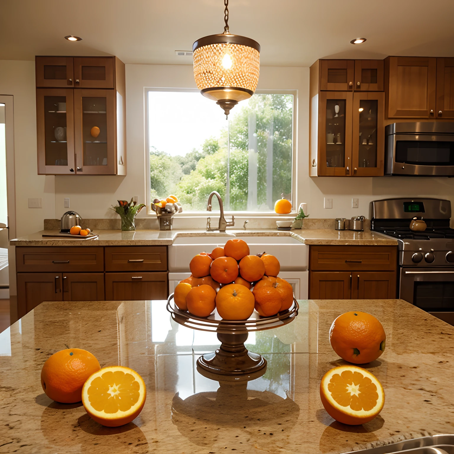 Glass dish with oranges standing on the table, in a kitchen