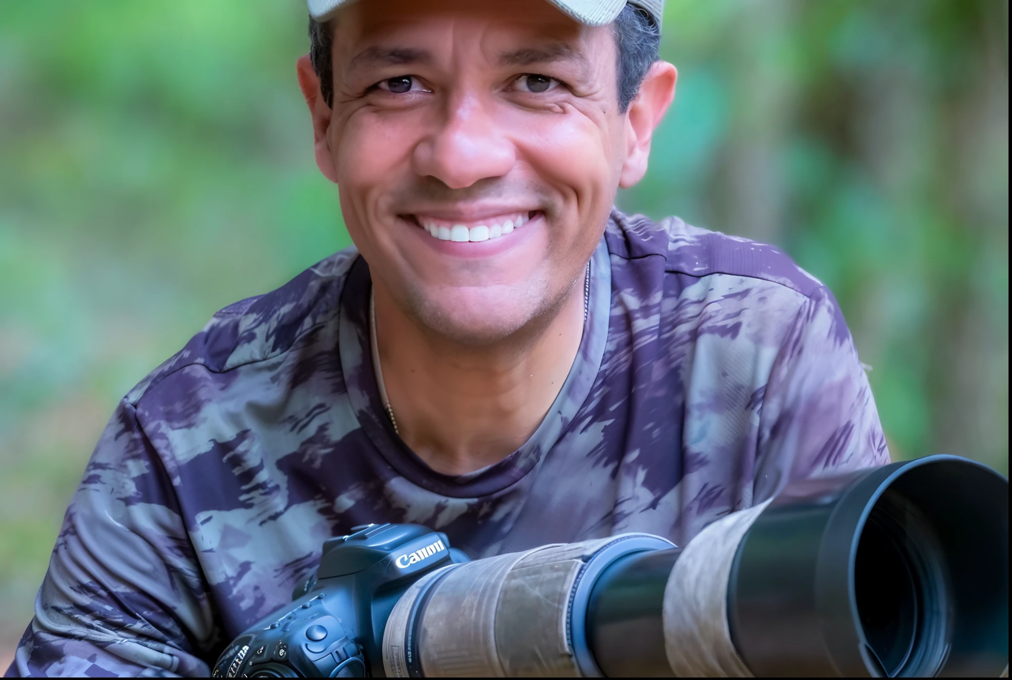 Smiling man with camera and camouflage cap sitting in forest, david rios ferreira, Joel Torres, Alex Miranda, andres rios, foto retrato, frans lanting, fotografia de natureza profissional, edu souza, Arte em primeiro plano : Eloy Morales, Foto de perfil, pedro correa, Retrato de Danny Gonzalez, Carlos Huante, photographer art wolfe, Tim Hildebrant, danilo torres