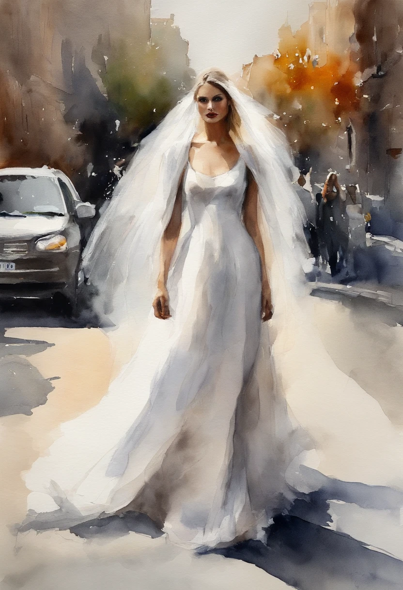 On the street,A female ghost,in wedding dresses,Hand raised heels,Thumb up middle finger to you