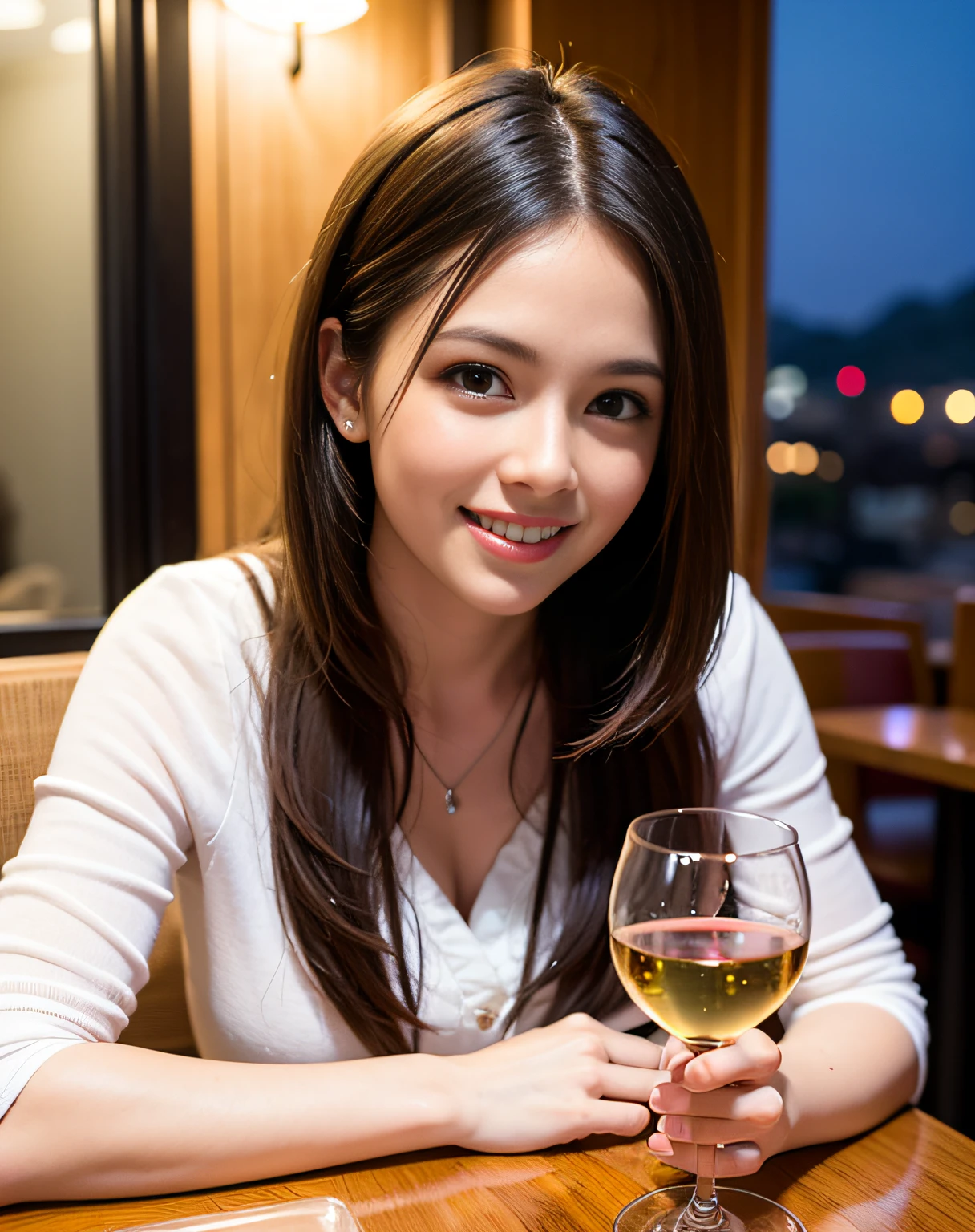 (64K, UHD, top quality, masterpiece: 1.2), (realistic, photorealistic: 1.37), super detailed, pretty woman 1 person, (slim face), (slim body), (brown hair), (short cut), cheeks slightly blushing, (44 years old), 38 years old, solo, beautiful detailed urban night view outside the window, restaurant, wine glasses sit, at night, in a prominent placeNovaFrogStyle, Actress, Model, Waist Up, White Wine, Slim, Wine Glass, Super Clean Night View, Wine Glass Put in the Middle, Happy Smile, (Smile: 1.15), Beautiful Fine Eyes, Upper Body, Bust Japan Up, Night, Short, Short, Actress, Model, Waist Up, White Wine, Slim, Wine Glass, Super Clean Night View, Wine Glass Put in the Middle, Happy Smile,