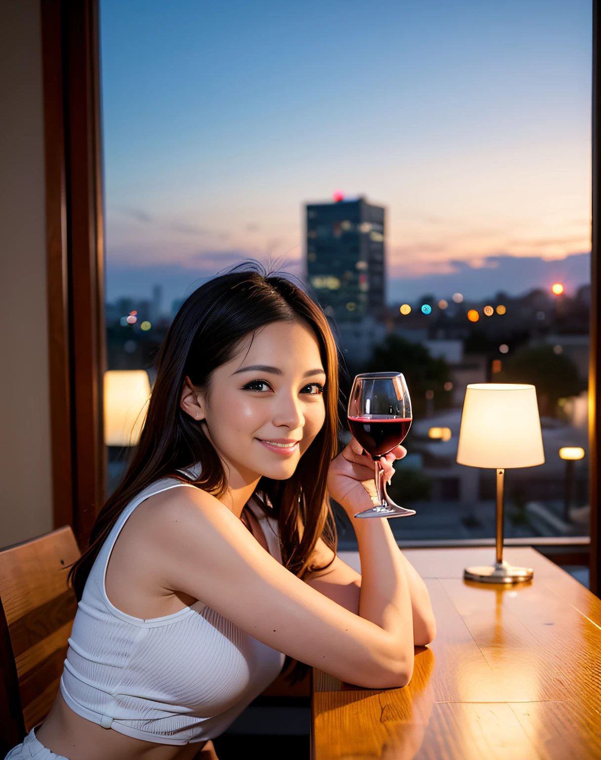 ((Highest quality、、masterpiece:1.3))、1 male、1 female、42 years old 39 years old、Slim Beauty、Beautiful couple、Upper Body、smile、 (Slim face), (the body is スリム), (Brown Hair), (Shortcuts), テーブルのフルコースディナーとwine glass、Amazing view of the sunset sky and clouds、smileの美しさ、Wine bottle、sparkling wine、Long sleeve shirt、dress、White wine, red wine, wine glass, Beautiful fine grain, Depth f/2,saturation, High Contrast, Strong light and shadow,Moist Body:1.5、3D texture、The hair is very shiny、