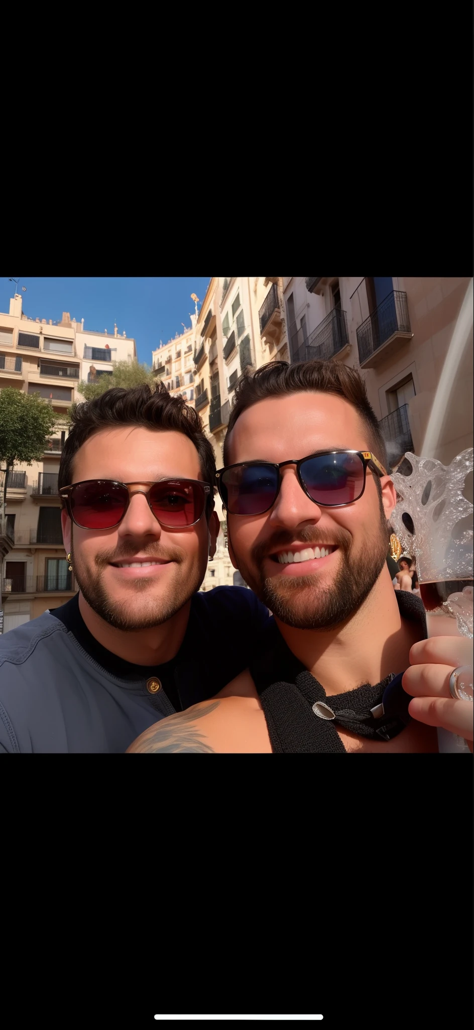 Pixar, there are two men that are posing for a picture together, in barcelona, gay, borja, tourists in background, profile pic, 🚿🗝📝, barcelona, in spain, fotografia, two handsome men, artem, both smiling for the camera, they are close to each other, snapchat photo, vacation photo,