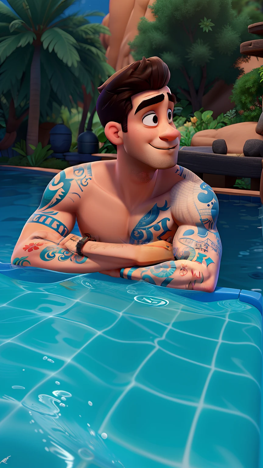 Um homem branco tatuado no estilo Disney Pixar, alta qualidade, melhor qualidade