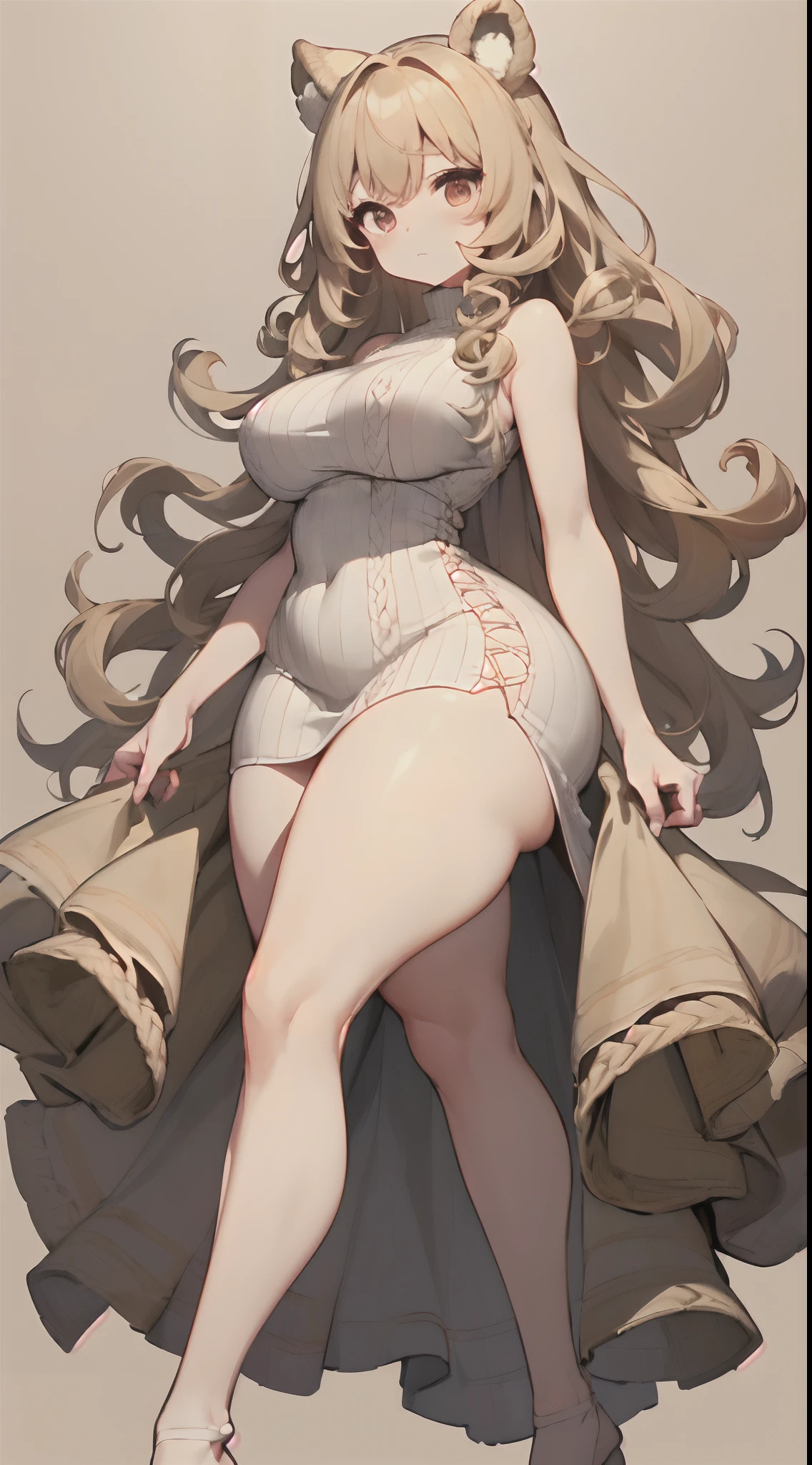 a high chroma、​masterpiece、top-quality、hight resolution、extremely delicate and beautiful、beutiful breast、femele１a person、((独奏、femele１a person、Beige hair、Single-color background、white backgrounid、Longhaire、Curly hair、Knitted dresses、thick legs、thick thighs))