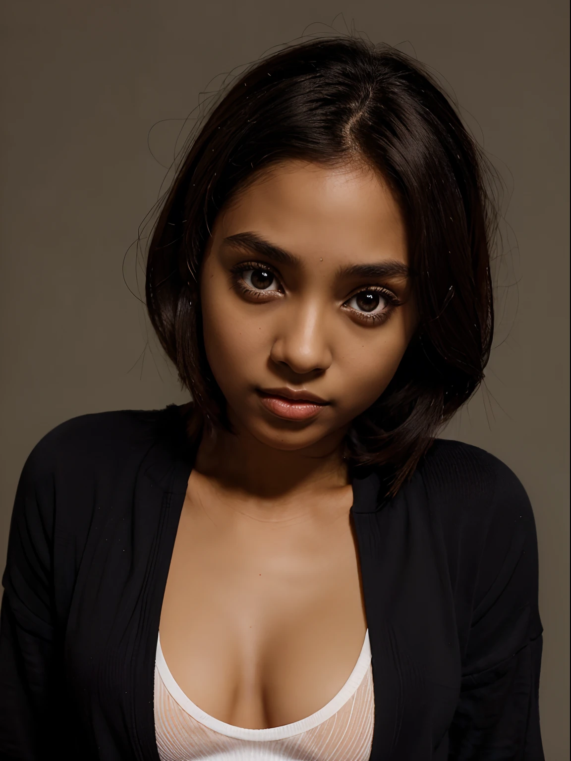 1girl, (flat chest), brown skin, (very small straight nose:1.2), big eyes, seductive, black eyes, clothes