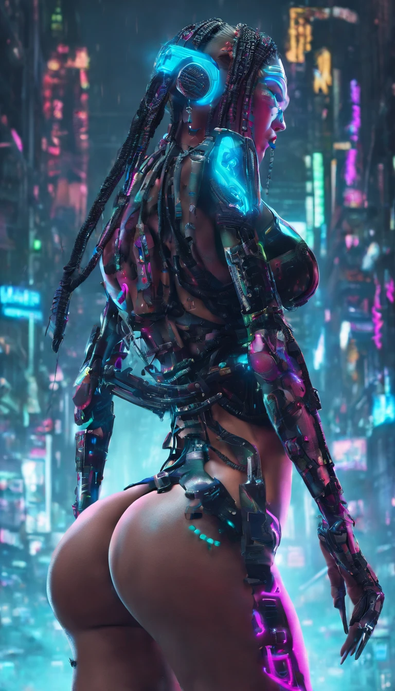 (best quality,4k,Altas,master part:1.2),ultra-detalhado,(Realistic:1.37),Mulher alta e forte com um rosto perfeito,
Protruding muscles throughout the body,Messy giant cornrows falling to the ground,Extra thick and long legs of unbelievable exaggerated proportions, enorme figura de ampulheta com uma enorme e exageradamente tonificada posterior,A full-length mechanical adornment,com detalhes intrincados e perfeitos, Capturing your whole body from head to toe.