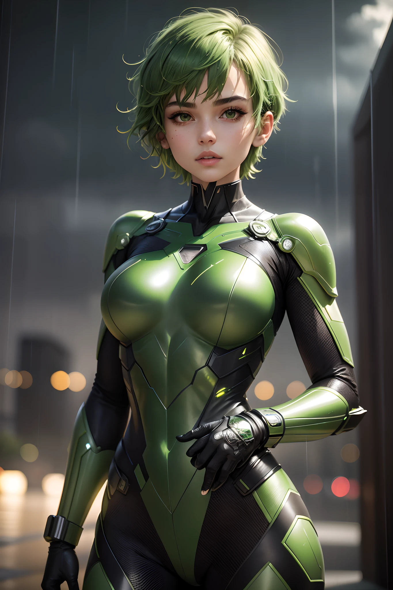 18 year old girl, green metallic superhero suit, short and blunt hair, green, beautiful face, rain, ceiling, masterpiece, intricate detail, perfect anatomy