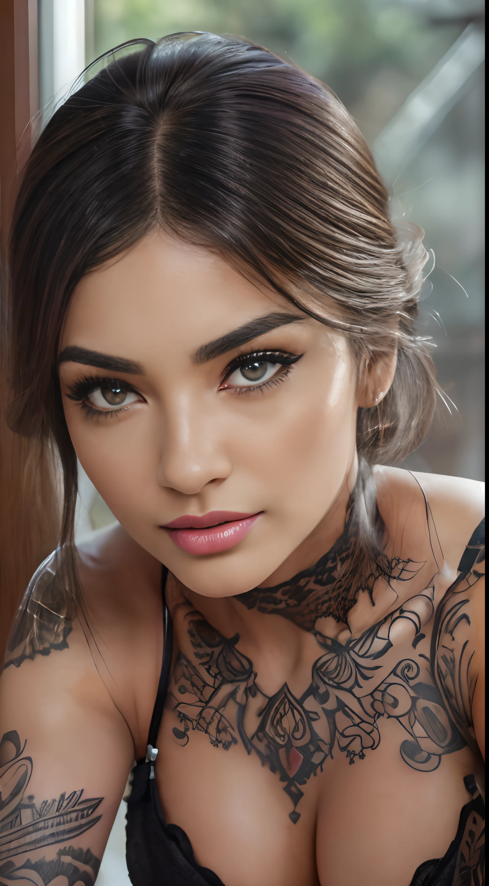 ompts
Copy
((full body) shot, (wide-angle shot), (RAW, analogue, Nikon Z 14mm ultra-wide angle lens, award-winning glamour photograph, ((best quality)), ((masterpiece)), ((realistic)), skin pores, subsurface scattering, radiant light rays, high-res, detailed facial features, high detail, sharp focus, smooth, aesthetic, extremely detailed, (extremely detailed eyes, extremely detailed iris), extremely detailed vellus hair, extremely detailed eyebrows, extremely detailed eyelashes, extremely detailed hair, extremely detailed body, extremely detailed skin, extremely detailed clothes, stamp, octane render, photo_\(ultra\), photorealistic, realistic, post-processing, max detail, realistic shadows, roughness, natural skin texture, real life, ultra-realistic, photorealism, photography, 8k UHD, photography, hdr, intricate, elegant, highly detailed, sharp focus), ((stunning, gorgeous, cute), (sexy selfie, sexy underwear, blowing a kiss, biting lip, winking, licking lips, cleavage selfie, low contrast), seductive smile, sexy smile, blusher, eyeshadow, eyeliner, long lashes, immaculate matte makeup, intricate and detailed tattoos))