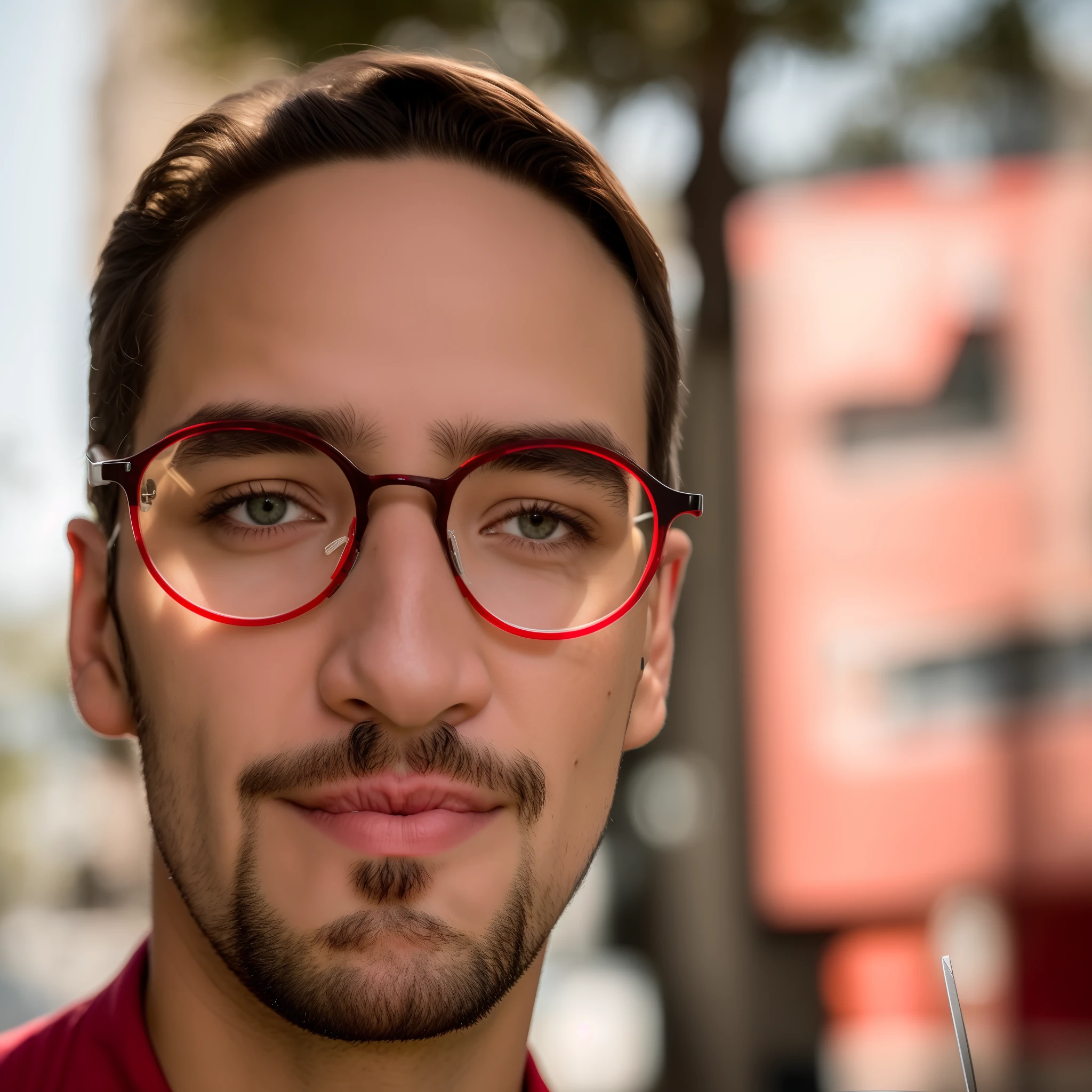 Man with glasses and red shirt holding scissors, Fotografia selfie 8k, imagem de qualidade muito baixa, imagem frontal, foto de perfil profissional, staring directly at camera, restolho leve com camisa vermelha, staring directly at camera, AI Autorretrato, detailed unblurred face, facing-camera, Retrato tirado 8 K, with glasses on