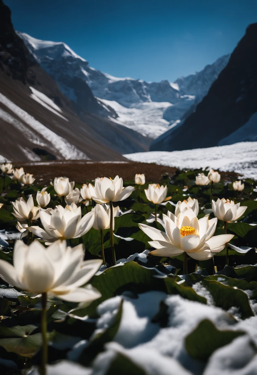 (((HD wallpaper 1.3))),,(((A few white snow lotuses grow high on a snow-capped mountain))),The screen is filled with golden sunlight,HD picture,1/3. Leave blank,Nikon SLR lenses,Shoot at medium distance,Soft lighting,tmasterpiece