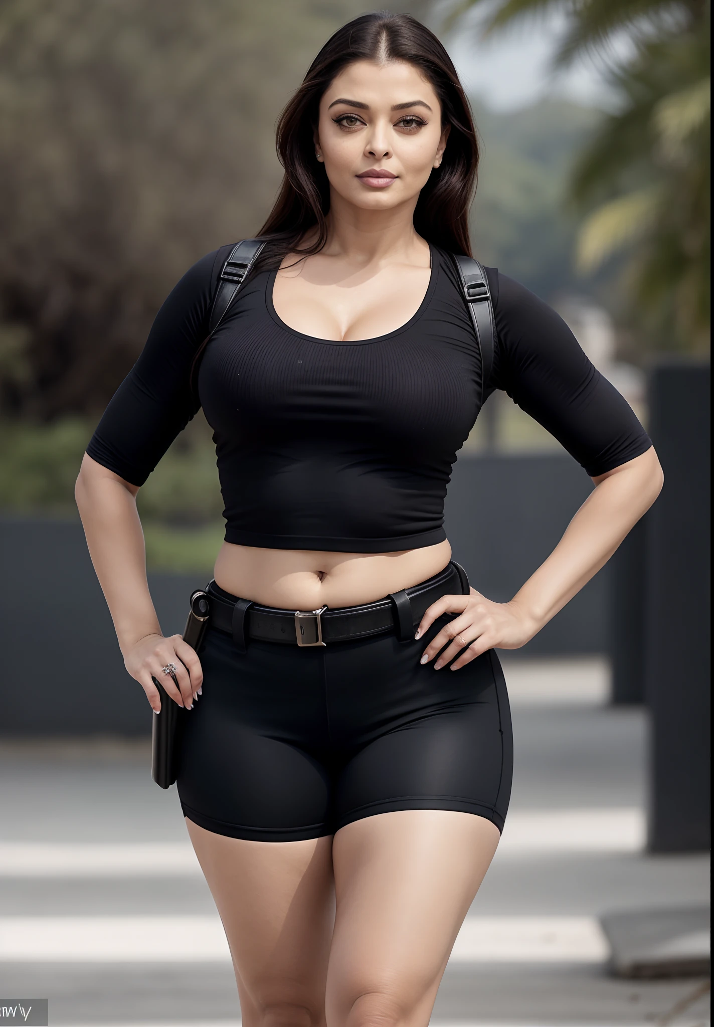 Full body photo of (emaciated:1.3) female jungle commando, (blonde:1.1), 25 years old Indian girl, (sideshaved:1.35), black, (earrings, zippers, gun, bandaleer, sunglasses:1.2), (wet:1.2), (military gear:1.3) dark, gritty, gloomy, militaristic, (looking_at_viewer:1.3), solo, rainy, bokeh, dramatic lightning, (jungle background:1.2), abs, highly detailed, masterpiece, best quality, 8k, (oily skin, cell-shaded:1.3), colored line art, big breasts, curvy, feminine curves, dynamic pose, (art by Maciej kuciara:1.15), art by Greg Rutkowski