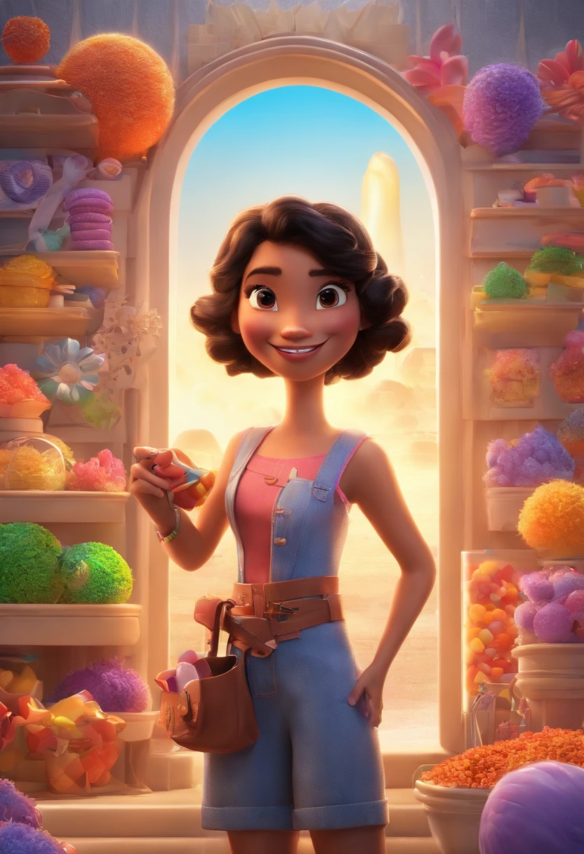 Create a Disney Pixar-inspired 3D movie poster. The scene should be in Pixar's signature digital art style, featuring a cartoonish image of a light-skinned woman with curly black hair, smiling as she shows off the work she loves to do. She is an artisan and makes flower-shaped candy molds at the company Shekinah Forminhas.
