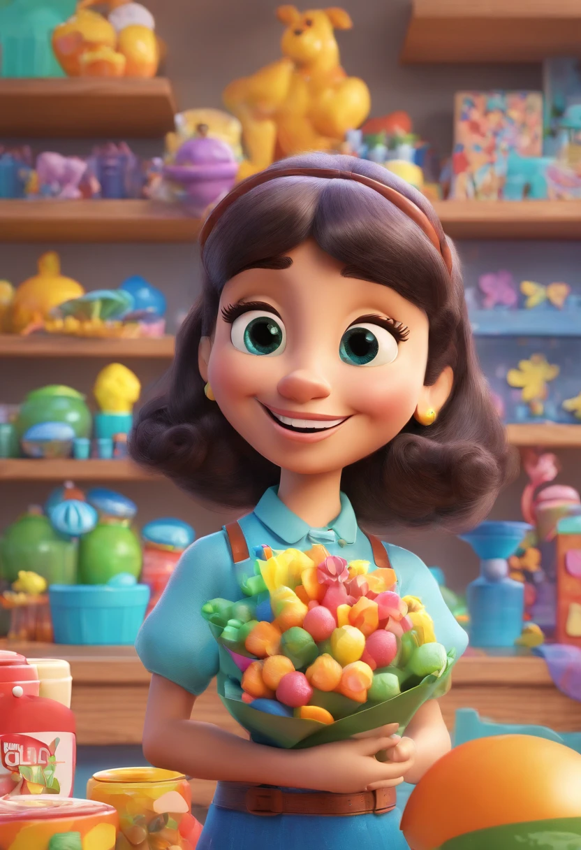 Create a Disney Pixar-inspired 3D movie poster. The scene should be in Pixar's signature digital art style, featuring a cartoonish image of a light-skinned woman with curly black hair, smiling as she shows off the work she loves to do. She is an artisan and makes flower-shaped candy molds at the company Shekinah Forminhas.