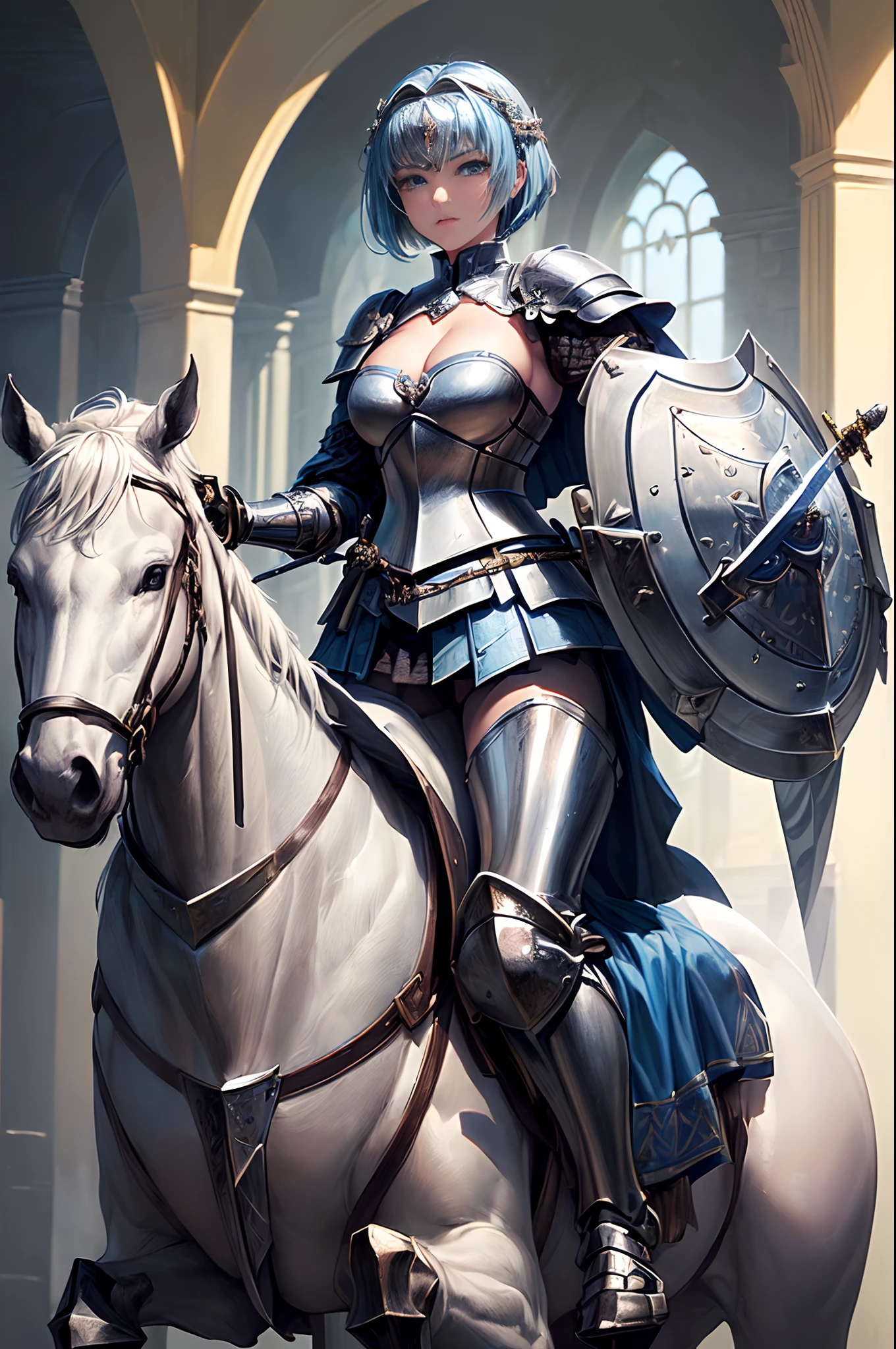 (top-quality、in 8K、32K、masterpiece、nffsw、超A high resolution、Impresionismo、Photorealsitic:1.2)、独奏、small tit、cowboy shot、(In one hand he holds an exquisite knight's sword:1.5)、Detailed Knight's Sword、 detailed faces and eyes、 Beautiful and fantastic cityscape、Beautiful steppe、Beautiful river、beauitful face、beautiful girl of 20 years old、Shiny light blue hair、short-hair、a short bob、Her eyes are emerald green、(She wears knight's armor:1.3)、(Attaching a knight's circlet to the head:1.4)、shinny skin、(In his left hand he holds a knight's shield:1.5)、(In his right hand he holds a knight's sword:1.5)、Luxurious cloak、Blunt bangs、Flag of the Knights、(She is riding a white warhorse:1.4)、Knight's Armor Boots、(I can see her cleavage:1.3)、(I see the legs:1.4)、Legion Flag