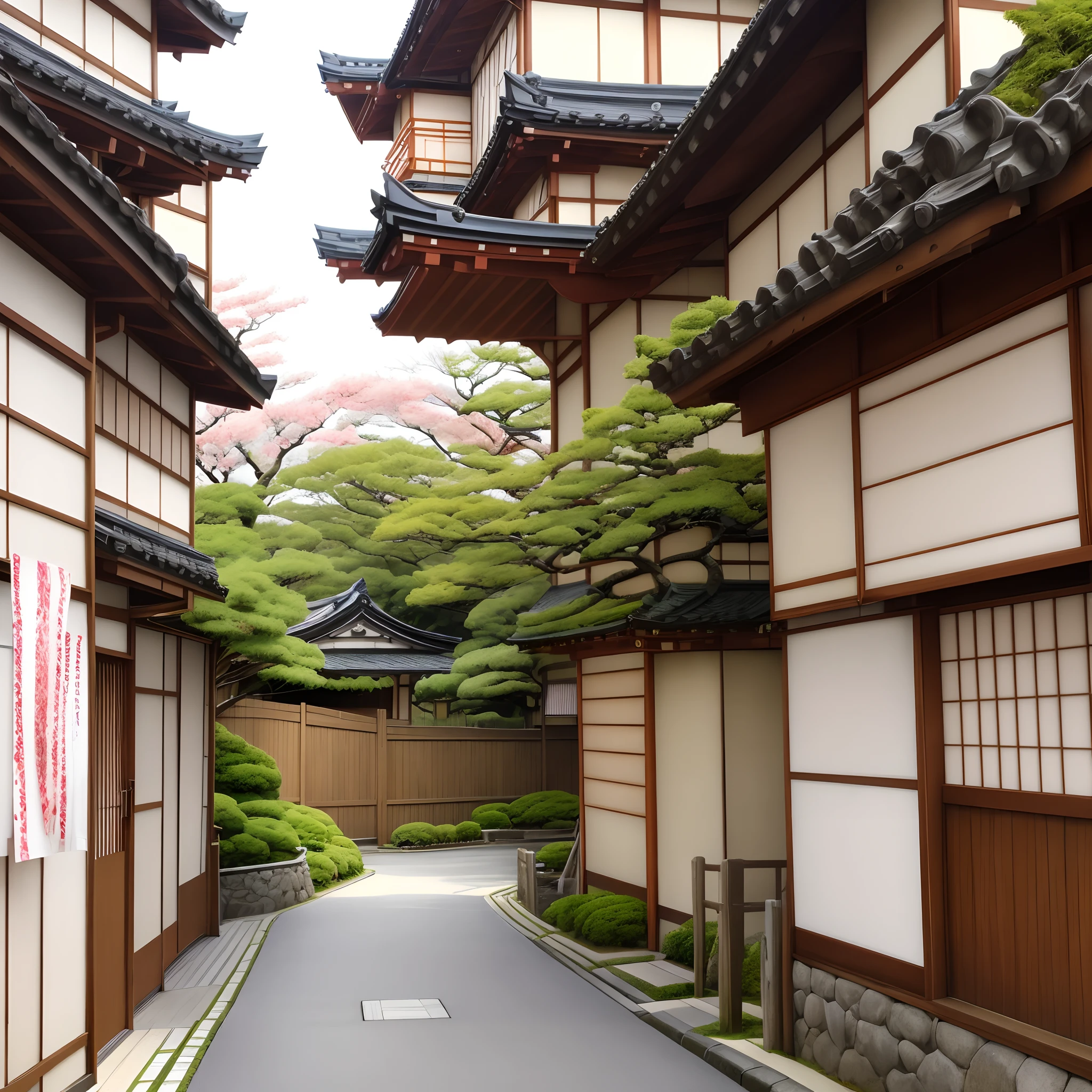 Arafed view of a narrow street with a building and trees - SeaArt AI