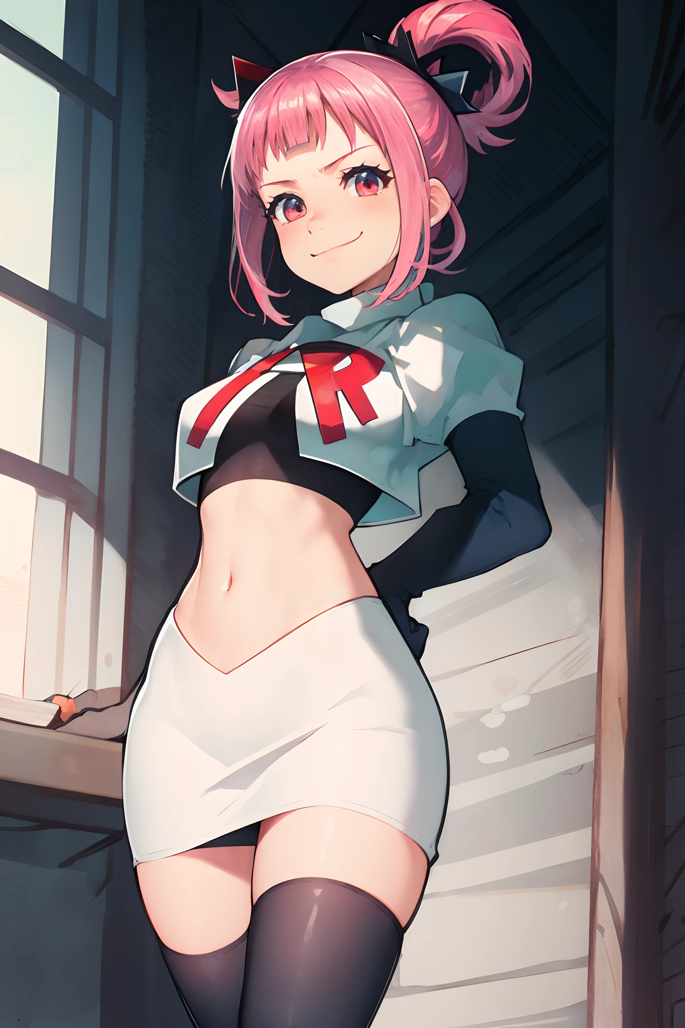 Hortensia, Hortensia \(Fire Emblem\), Hortensia \(Fire Emblem: Engage\), pink hair, team rocket, team rocket uniform, red letter R, white skirt, white crop top, black thigh-high boots, black elbow gloves, evil smile