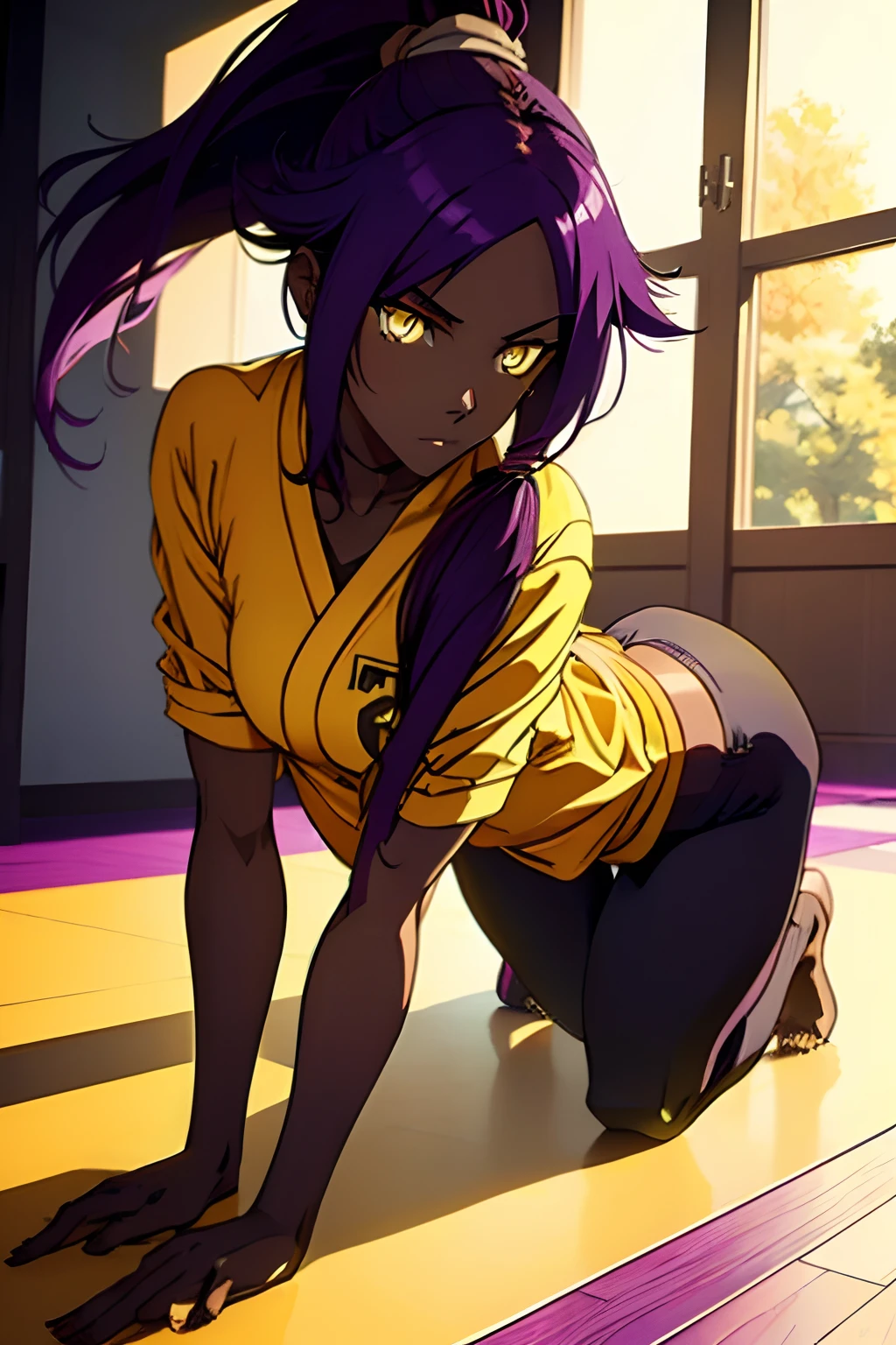 back camera, stretching on the floor, like a cat, yoruichi, yoruichi shihouin, long hair, (yellow eyes:1.5), ponytail, purple hair, dark skin, dark-skinned female,