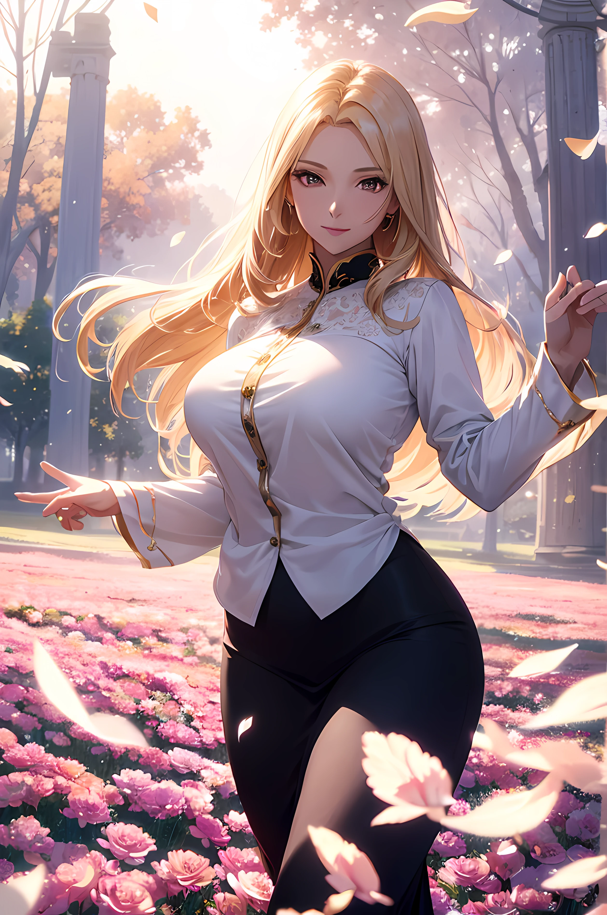 A beautiful woman, (( beautiful blouse, open field full of flowers, variety of flowers, petals floating, dancing )), very big breast, very big ass, perfect body figure, milf, beautiful face, royal, age 46, mature, sweet smile, Tachiban Omina art style, blond color hair, fine details, sweet smile, cinematic lighting, beautiful lighting effect, creative design, holy frame, full body frame, divine aura, shining light, perfect color transition, perfect balance of contrast, perfect color layer, perfectly smooth color blur, majestic, soft posture, outside, smooth hair, soft hair, sun glare, optic lens, light ray, soft colors, smooth colors blend,, light particles