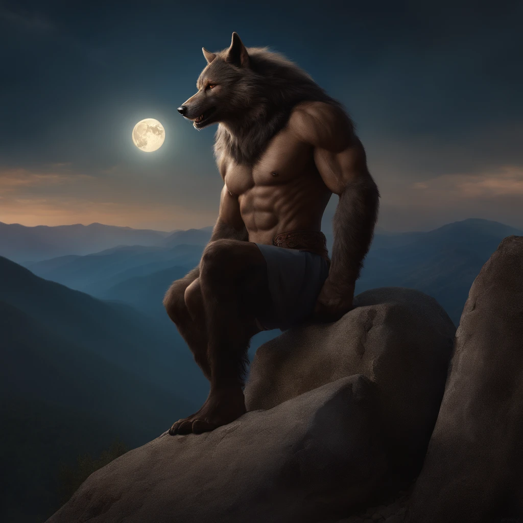 masutepiece, Best Quality, ((Beautiful and delicate)) (Very detailed CG Unity 8K wallpaper), Professional majestic oil painting,A werewolf. He is 2 meters tall and holding a wine bottle in his hand. He stands on the rocky slopes of a bald mountain. It's nighttime, and the sky is graced with a hazy moon. It looks as if it could be real. Realistic like a photograph.high detal, Clear focus, Dramatic, Realistic painting