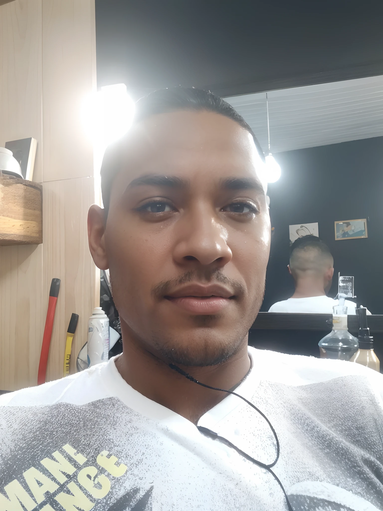 Create a Disney Pixar-inspired poster with the character being a man, 35 pele escura, barba, Black gradient short hair, Wearing a white shirt don't wear a tie,olhando para a frente com um sorriso , fundo com uma estante, textura ultra realista