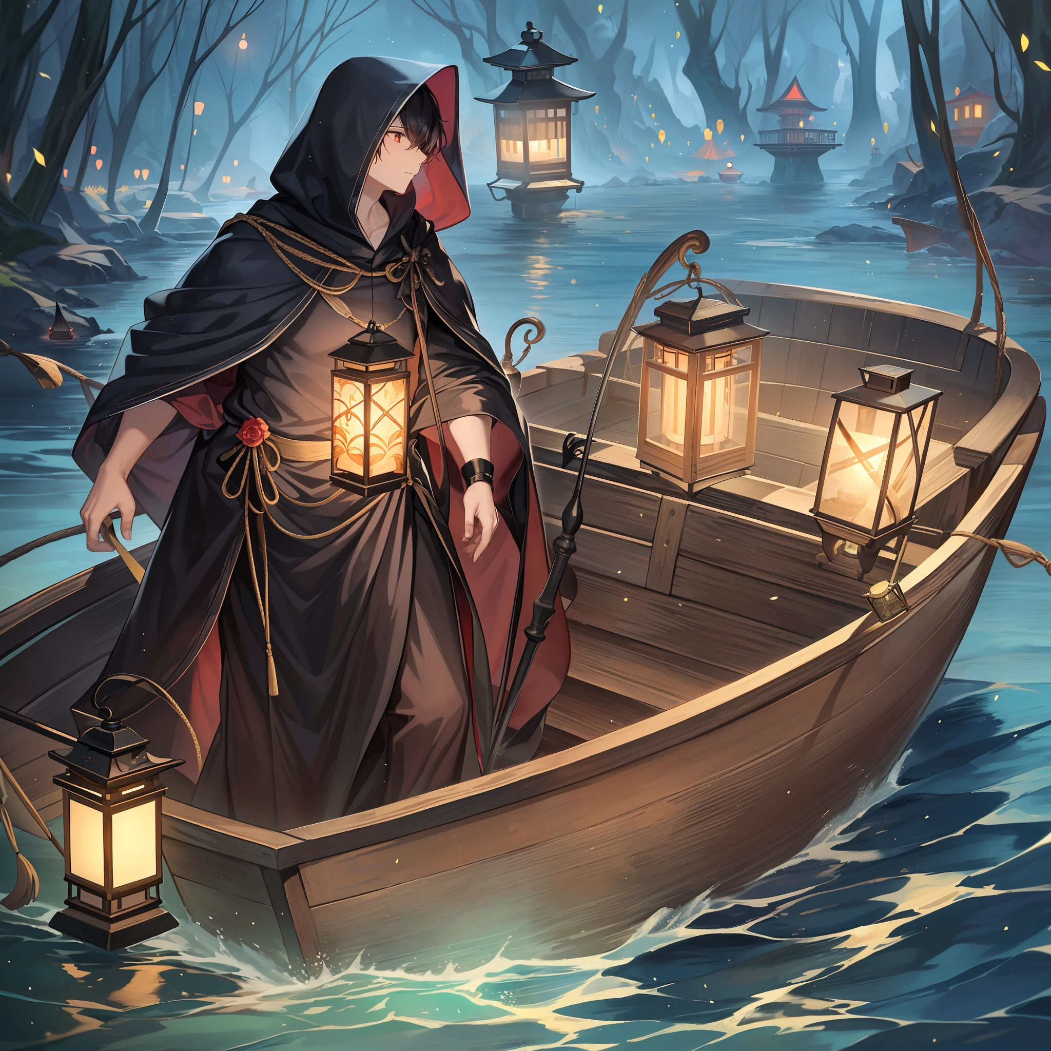 Outrageous resolution、​masterpiece++、top-quality++、ultra-definition++、ultra-definition++、4k++、8k++、from side、（Background Focus）++、（（1）））+++A clothed woman in a black robe so deep that you can't see her face in the river of the underworld that destroys the city, and she rides a wooden boat with a lantern、Rune rides a wooden boat with a lantern in a black robe so deep that you can't see his face in the river of the underworld、The magic of riding a wooden boat with a lantern in a black robe so deep that you can't see your face in the river of the underworld、In the river of the underworld flying above, he rides a wooden boat with a lantern in a black robe so deep that you can't see his face、A married woman in a black robe so deep that you can't see her face in the river of the underworld and rides a wooden boat with a lantern、The president rides a wooden boat with a lantern in a black robe so deep that you can't see his face in the river of the underworld、Detailed contemporary art、Contemporary Art Style、Blake: A witch in a black robe so deep that you can't see her face in a beautiful modern underworld river, carrying a lantern and riding on a wooden boat、A college student in a black robe so deep that you can't see his face in the river of the underworld rides a wooden boat with a lantern、Contemporary Art Behans、A high school student in a black robe so deep that you can't see his face in the river of the underworld rides a wooden boat with a lantern、A woman in a black robe so deep that you can't see her face in the beautiful river of the underworld and rides a wooden boat with a lantern、A fragment of a wooden boat carrying a lantern in a black robe so deep that you can't see his face in the shiny floating river of the underworld、In the river of the underworld, he rides a wooden boat with a lantern in a black robe so deep that you can't see his face、 In the dazzling river of the underworld, sparks ride on a wooden boat with a lantern in a black robe so deep that you can't