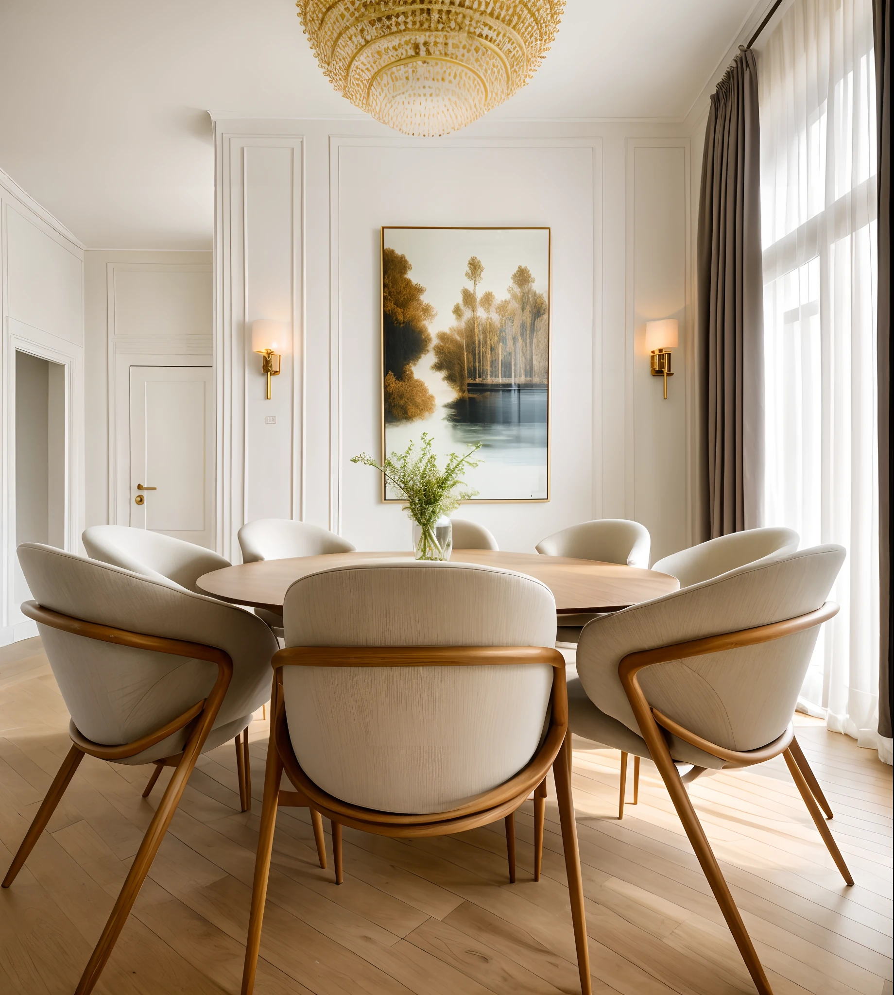 "Modern dining room interior design, highlighting neoclassical style, ceiling light,wall light.wall picturedecorative table,floor mats, flower vase.",day, 8k uhd, dslr, high quality, film grain, daytime, Fujifilm XT3