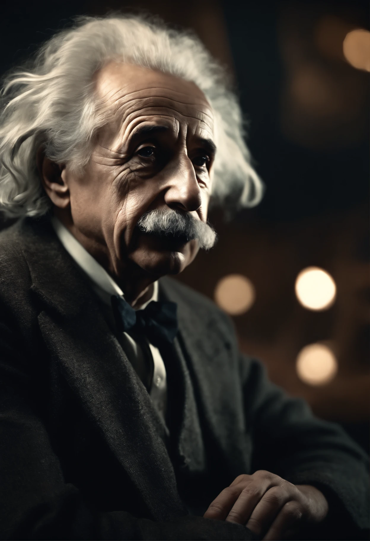 Albert Einstein pensive, futuristic dystopian environment
Thinking