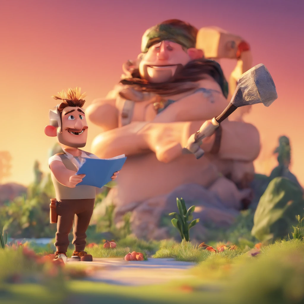 Criar um personagem no estilo Pixar. Trata-se de um homem de 30 anos, com barba, Branco, com cabelos castanhos curtos e um quiff, e olhos castanhos. Ele deve estar na frente de um computador, Trabalhar como designer