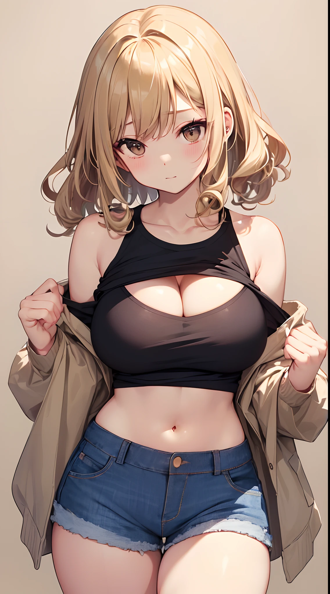 a high chroma、​masterpiece、top-quality、hight resolution、extremely delicate and beautiful、beutiful breast、femele１a person、((独奏、femele１a person、Beige hair、Single-color background、white backgrounid、Longhaire、Curly hair、a black T-shirt、off shoulders、Navel Ejection、shortpants、cleavage of the breast、thick legs、thick thighs))