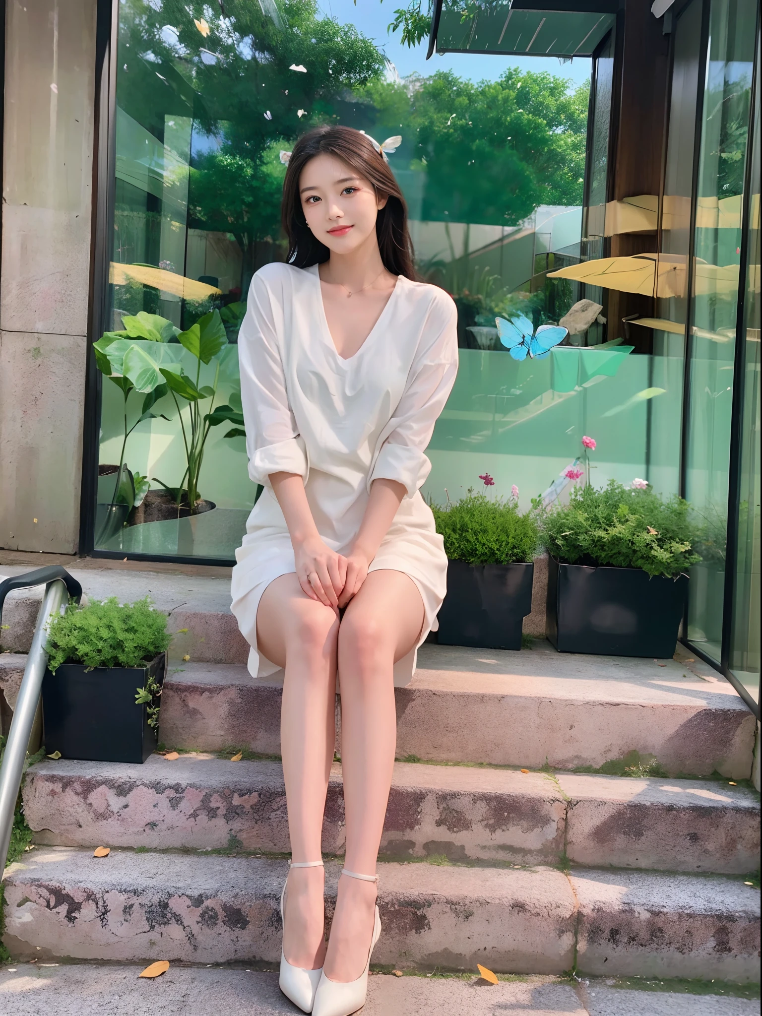 ,Masterpiece, Best quality,8K, 超高分辨率,Reallightandshadow,Cinema lenses,(beautidful eyes:1.1), ((中景 the scene is,The upper part of the body)),dynamicposes,On a green meadow,The gentle goddess came with gentle steps。She wore a white dress,A gentle breeze blows,The skirt dances lightly。The sun shone through the leaves in her hair,Reflecting her clear eyes and gentle smile。Colorful butterflies flutter around her,Flowers bloomed at her feet,It was as if nature was cheering for her。Black pantyhose