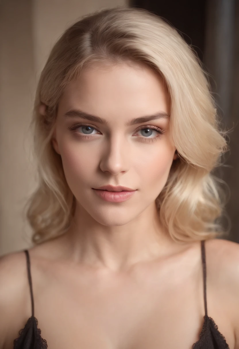 (Best quality,4K,high resolucion,Masterpiece:1.2),Ultra-detailed,(Realstic:1.37),Femme blonde, ne porte pas de tenu, Uncensored, Yeux verts, Chiffre complet, corps en forme, grosse poitrine, dans une chambre, High lighting