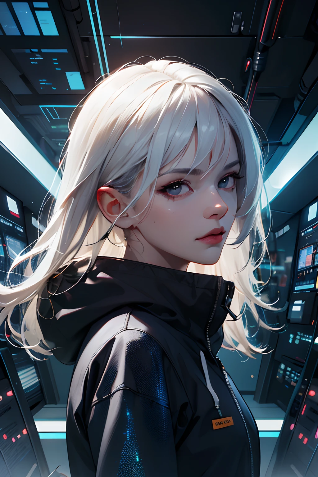 (absurdres, highres, ultra detailed), 1woman, mature female, aged up, wavy long hair, white hair, black eyes, bangs, long sleeves, finely detailed eyes and detailed face, extremely detailed CG unity 8k wallpaper, intricate details, portrait, looking at viewer, solo, (full body:0.6), detailed background, detailed face, (matrix theme:1.1) evil high-tech futuristic hacker,  advanced technology, hoodie, techwear, wearable device, keycard, cables, head-up display, blue (holographic display:1.05), access granted,   cybersecurity, server room in background, orange lights,  dark sinister atmosphere, , portrait, wind swirling