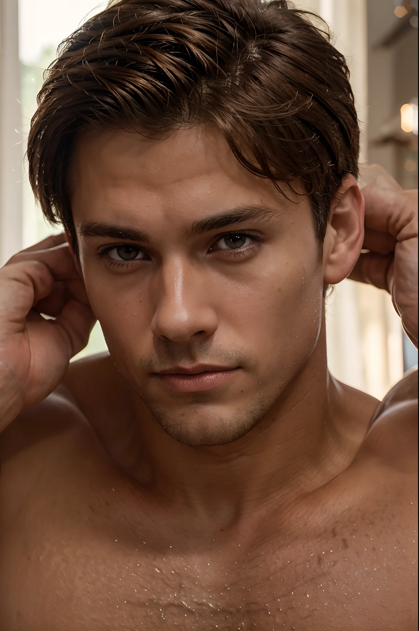 Handsome boy with abs, , Brown spiky hair, light brown light brown eyes, masculine pose, Mysterious lighting, muscular physique, looking up at the camera, upper body close-up, polish, 8K UHD, SLR camera, soft-lighting, hiquality, Film grain, Fujifilm XT3