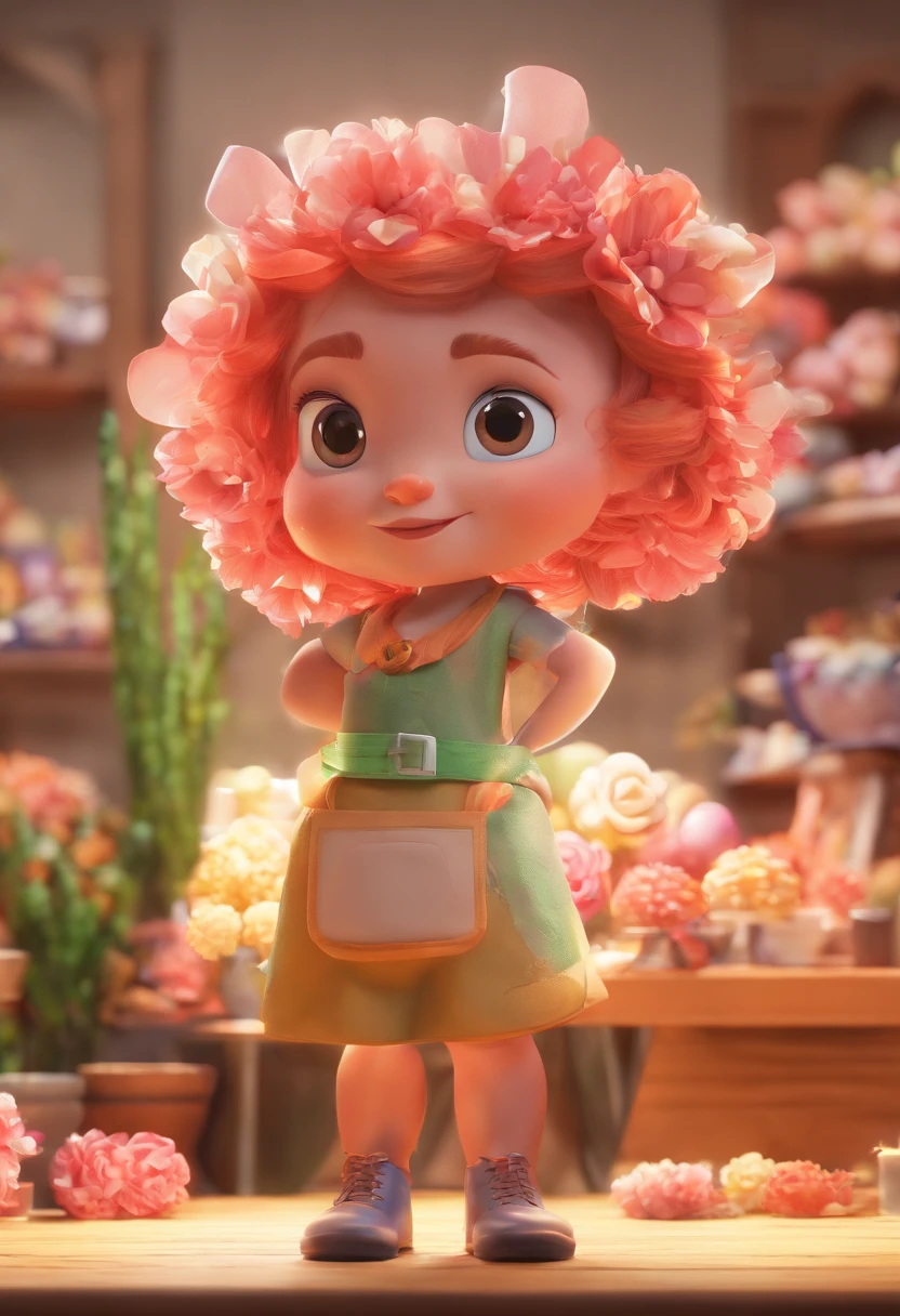 Create a 3D Movie Poster Inspired by Disney Pixar. A cena deve ser num Atelier, in Pixar's signature digital art style, apresentando uma imagem cartunesco de uma mulher de 38 anos, de pele clara com cabelo preto encaracolado longo, sorrindo enquanto mostra o trabalho que ama fazer. She is an artisan and makes candy shapes in the shape of flowers at the company Shekinah Forminhas.