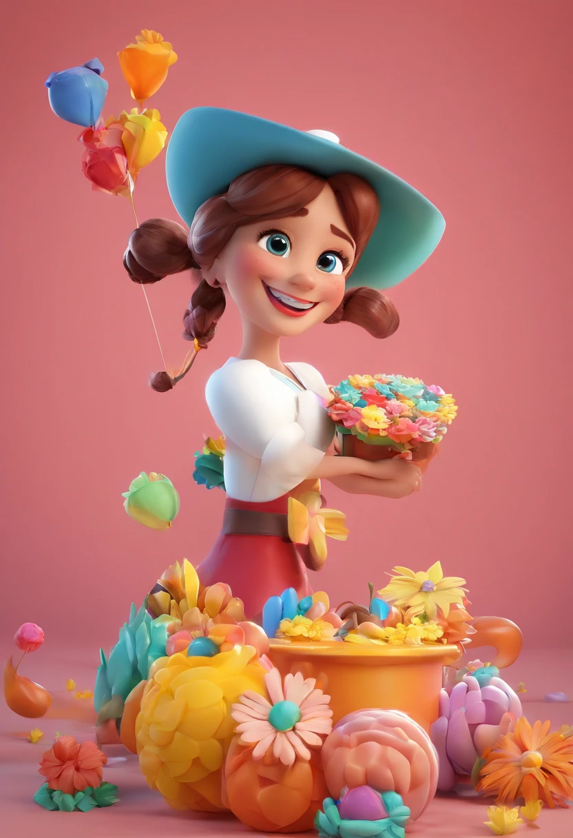 Create a 3D Movie Poster Inspired by Disney Pixar. A cena deve ser num Atelier, in Pixar's signature digital art style, apresentando uma imagem cartunesco de uma mulher de 38 anos, de pele clara com cabelo preto encaracolado longo, sorrindo enquanto mostra o trabalho que ama fazer. She is an artisan and makes candy shapes in the shape of flowers at the company Shekinah Forminhas.