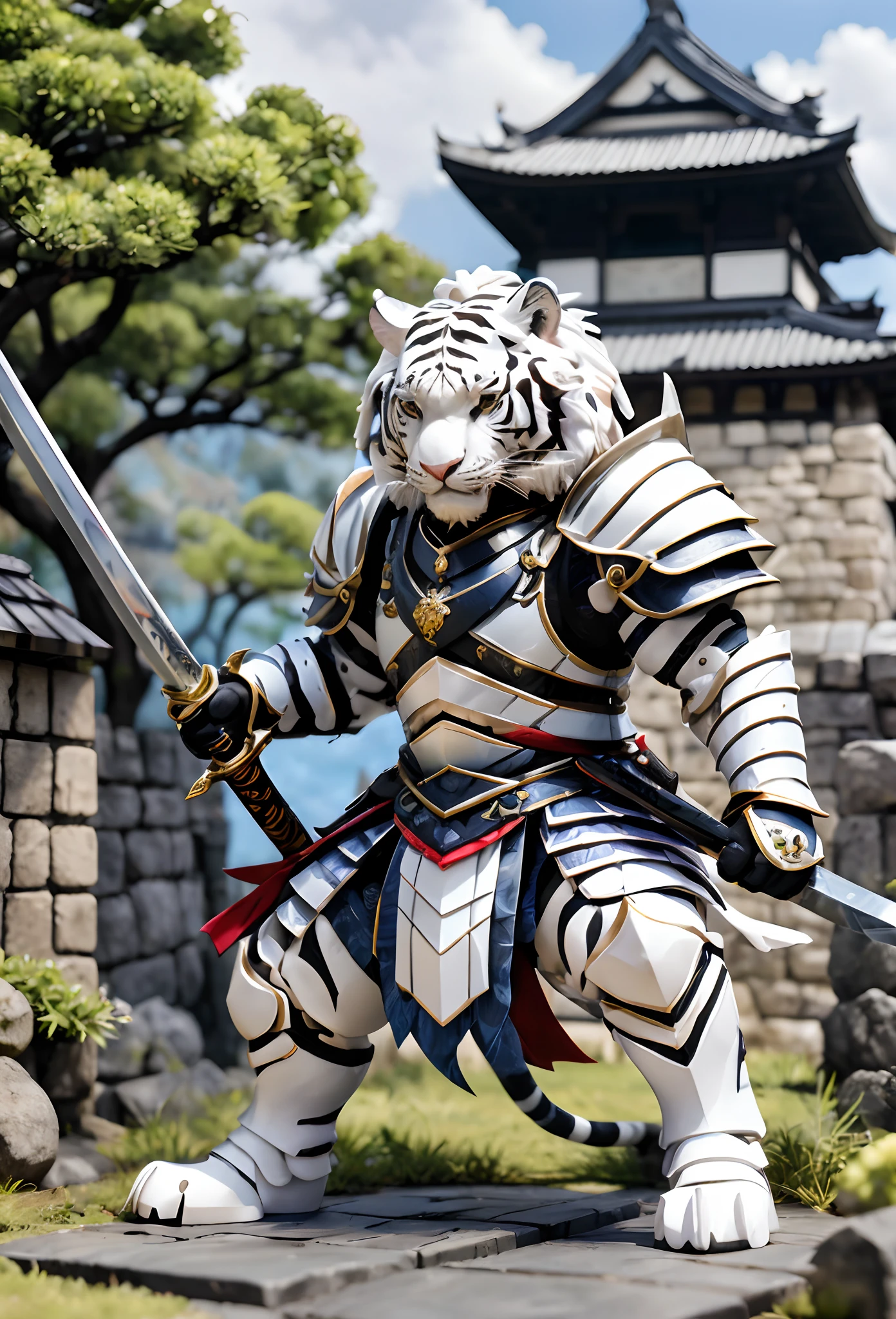 full body Esbian、Cool White Tiger、Villain White Tiger、Menacing White Tiger、figurine、Knight Armor、odd eye、Holding a Japan sword、diorama、symple background、Fortress background、​masterpiece, Best Quality, Capture super cute moments, depth of fields, ultra-detailliert, Ultra High Resolution, Octadale, 8K, 16 K