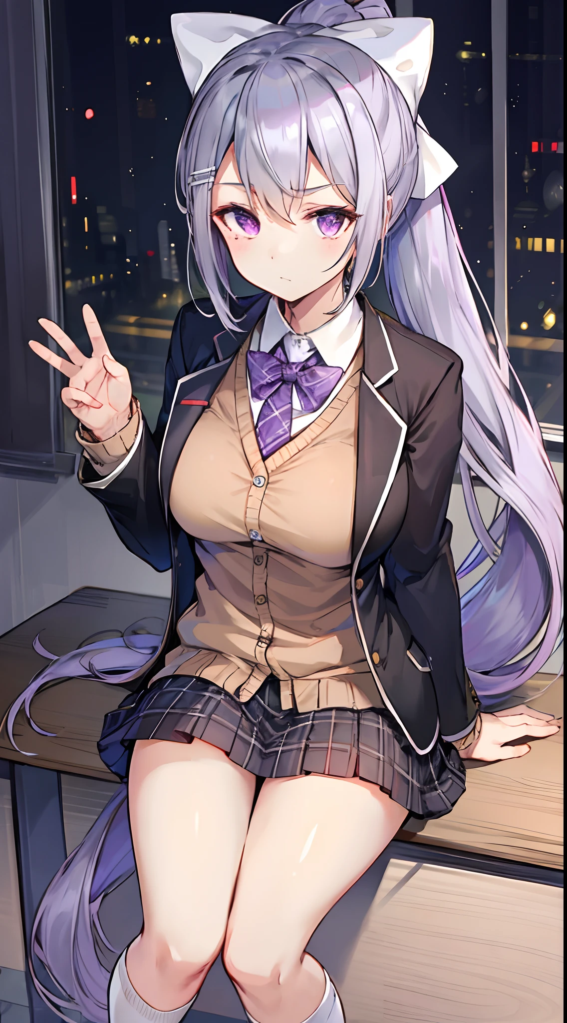 ​masterpiece, top-quality, Hi-Res, Kaede Higuchi, 1girl, Virtual YouTuber, 独奏, length hair, Mole under the eyes, skirt by the, neck tie, jaket, a purple eye, sockes, poneyTail, hair adornments, white bow, Hair bow, the bow, blazers, Very long hair, Purple tie, pleatedskirt, white sock, hair clips, Open clothes, cardigan, student clothes, knee height, white  hair, Black jacket, The shirt, shirt with collar, Plaid, Open jacket, bangss、Plaid skirt、a miniskirt、Tachie、white  shirt、long-sleeve、grey skirt、breastsout、Plaid tie、stockings